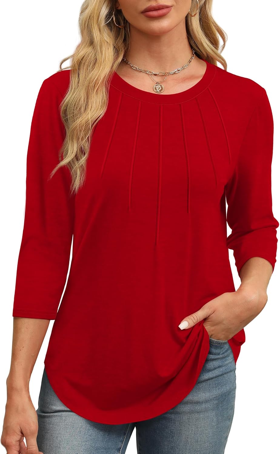 XIEERDUO 3/4 Length Sleeve Womens Tops Round Neck Casual Tunic Tops Basic Pleated Shirts Loose Fit 2026 - Image 2