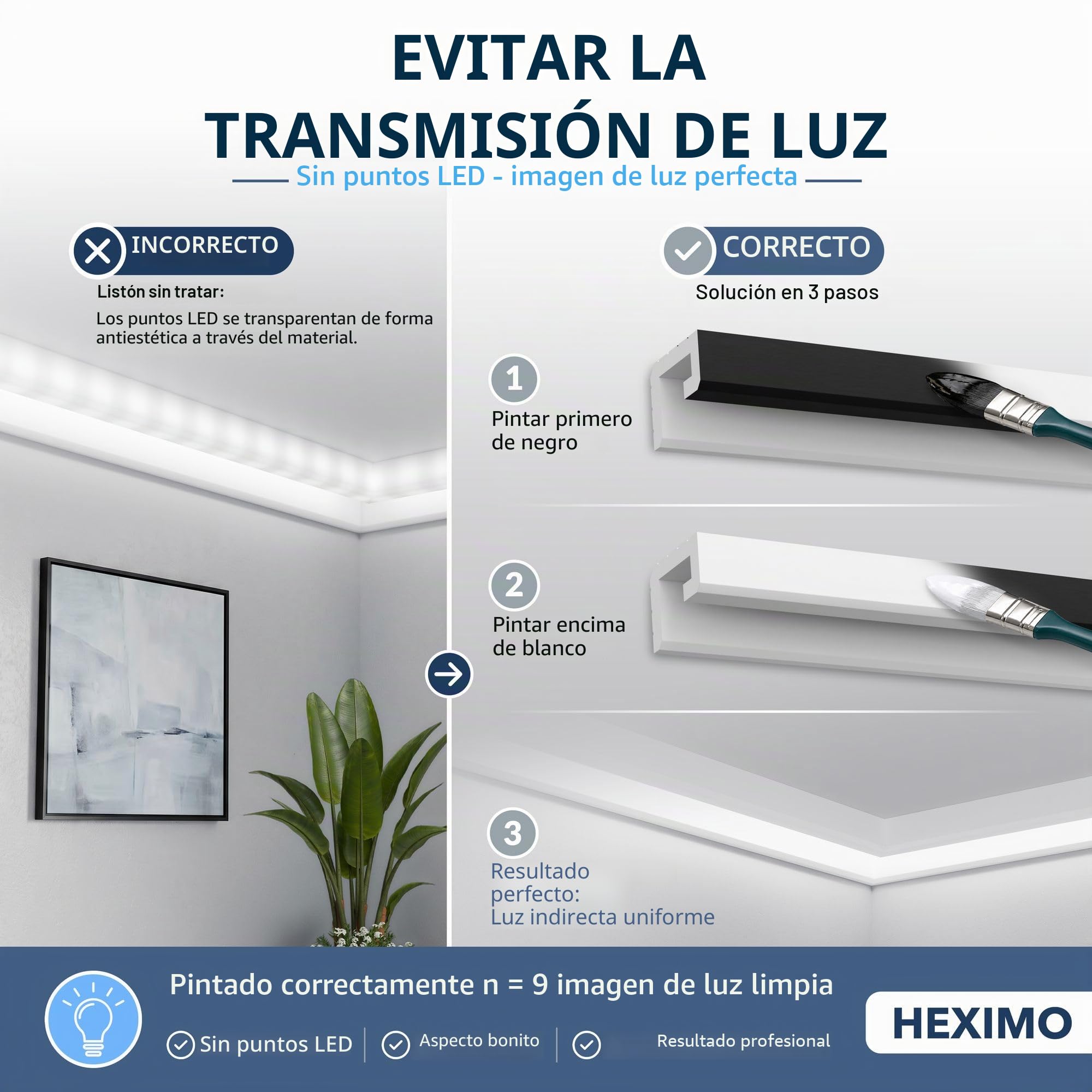 HEXIMO LED molduras de estuco 2en1, iluminación indirecta molduras de techo XPS poliestireno perfil de iluminación abombado (10,2 Metros HLED 19)