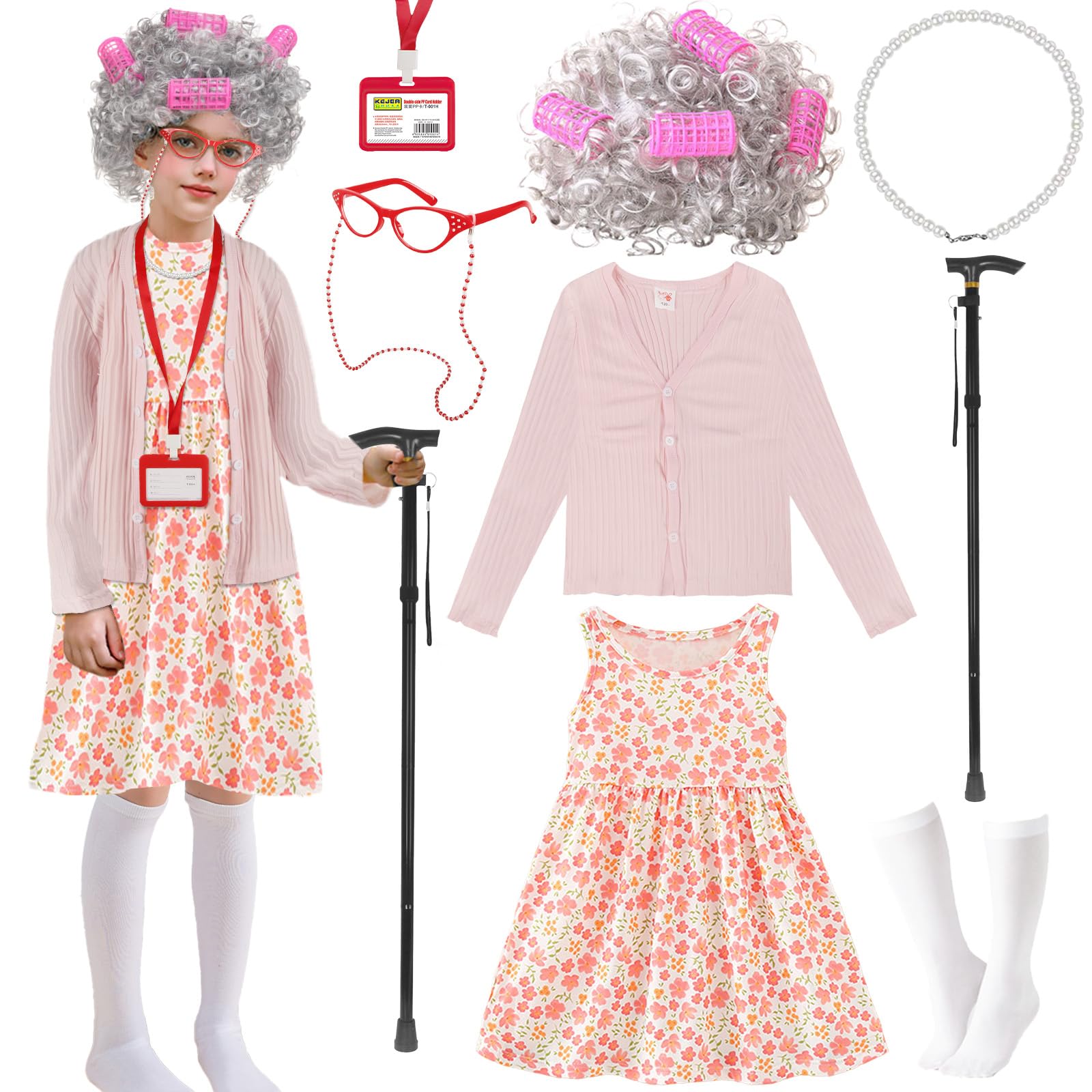 2Kids110 Kid 100th Day of School Costume, Old Lady Costume for Girls, 100 Days of School Costume Grandma Granny Wig Accessories Outfit