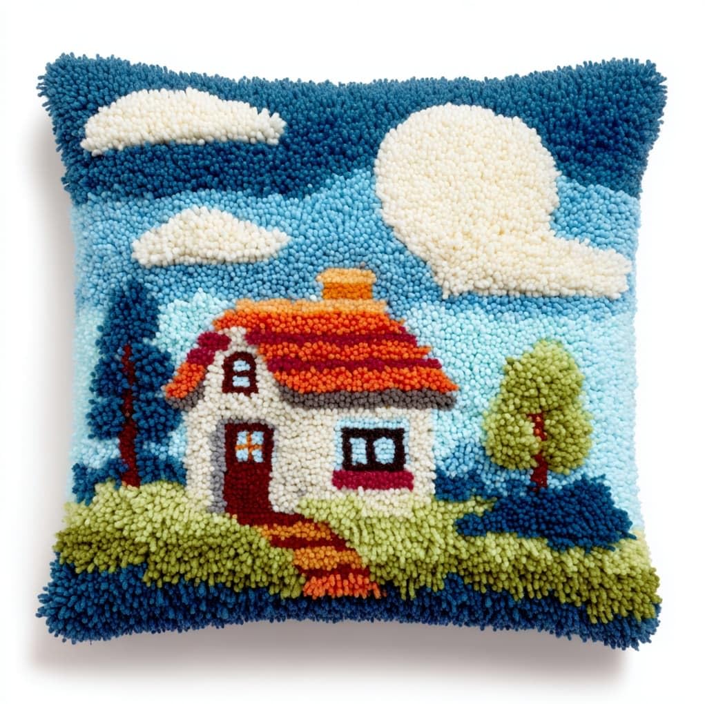 WallustrioaW Latch Hook Kits Pillow for Adults,Cartoon Style House,Pre-Printed Patterns Pillowcase Needlework Crochet Yarns Latch Hooking Cushion for Sofa Decor,17x17in