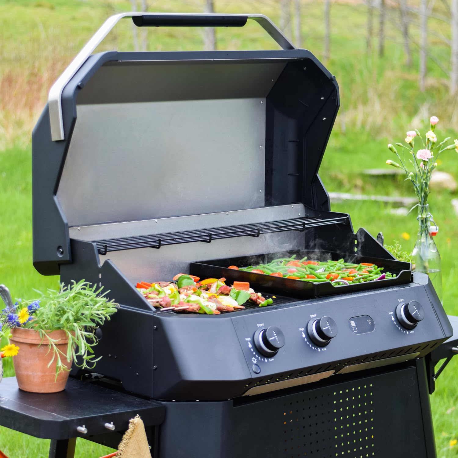 Cozze® G-800 COMBO Plancha-Grill – 3 Brûleurs – 9,5 kW – Grill + Plancha en Fonte Émaillée – 50mbar – Régulateur Inclus – Barbecue Gaz Haute Performance