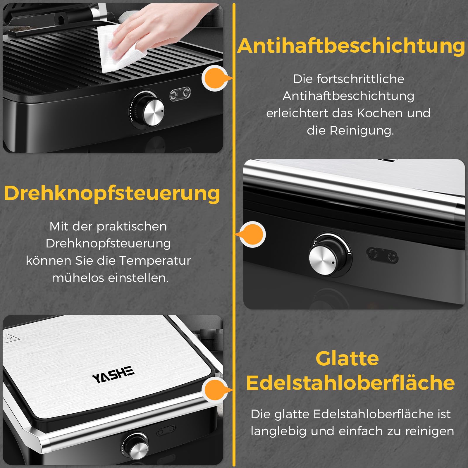 YASHE Kontaktgrill 2000W Panini Grill Sandwichmaker 4 Scheiben Elektrogrill 180° Öffnung Antihaftplatten Edelstahl Silber