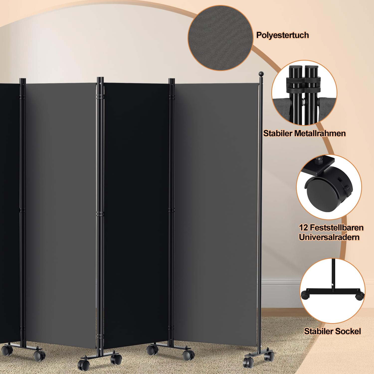 Fiqops Biombo separador de espacios con ruedas, 5 unidades, 284 x 181 cm, resistente a la intemperie, para exteriores, oficinas, balcones, color antracita
