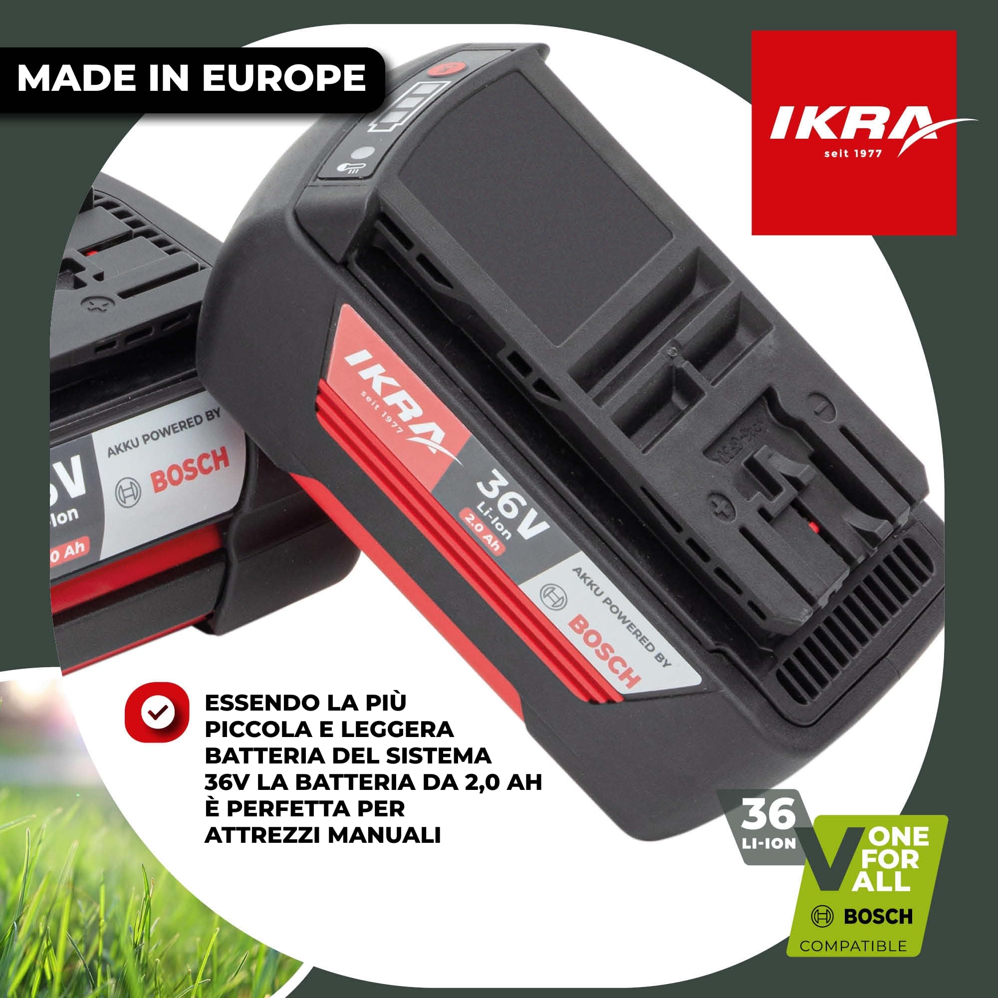 IKRA batteria ricaricabile 36V 2,0Ah Li-Ion tipo LI 28, Powered by BOSCH, Made in Europe, compatibile con tutti gli apparecchi Bosch 36V