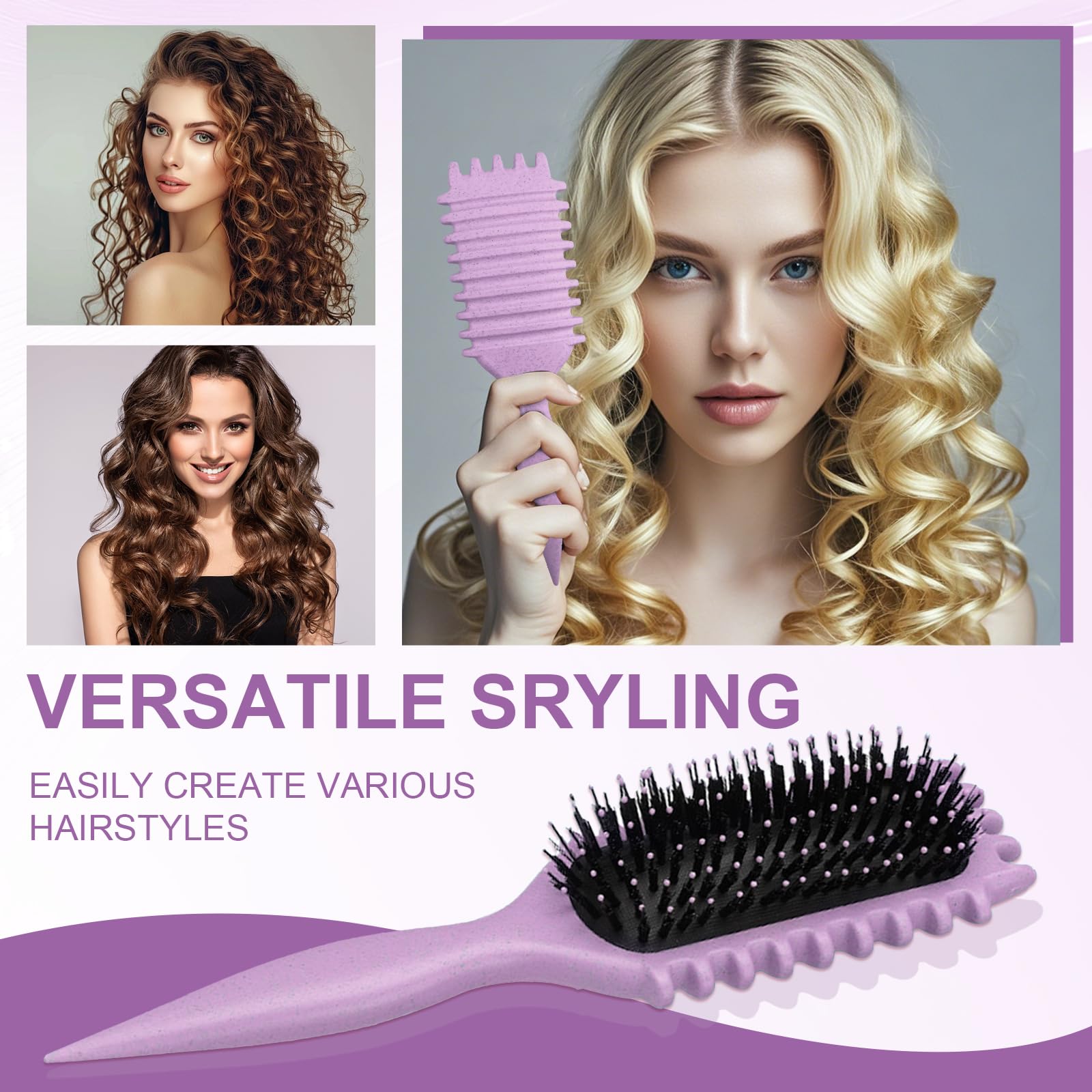 Curly Hair Brush,Curl Defining Brush,2024 Newest Boar Bristle Hair Brush for Combing and Shaping,Reduce Pulling and Curl Separation For Defined Curls(Purple) - Image 3