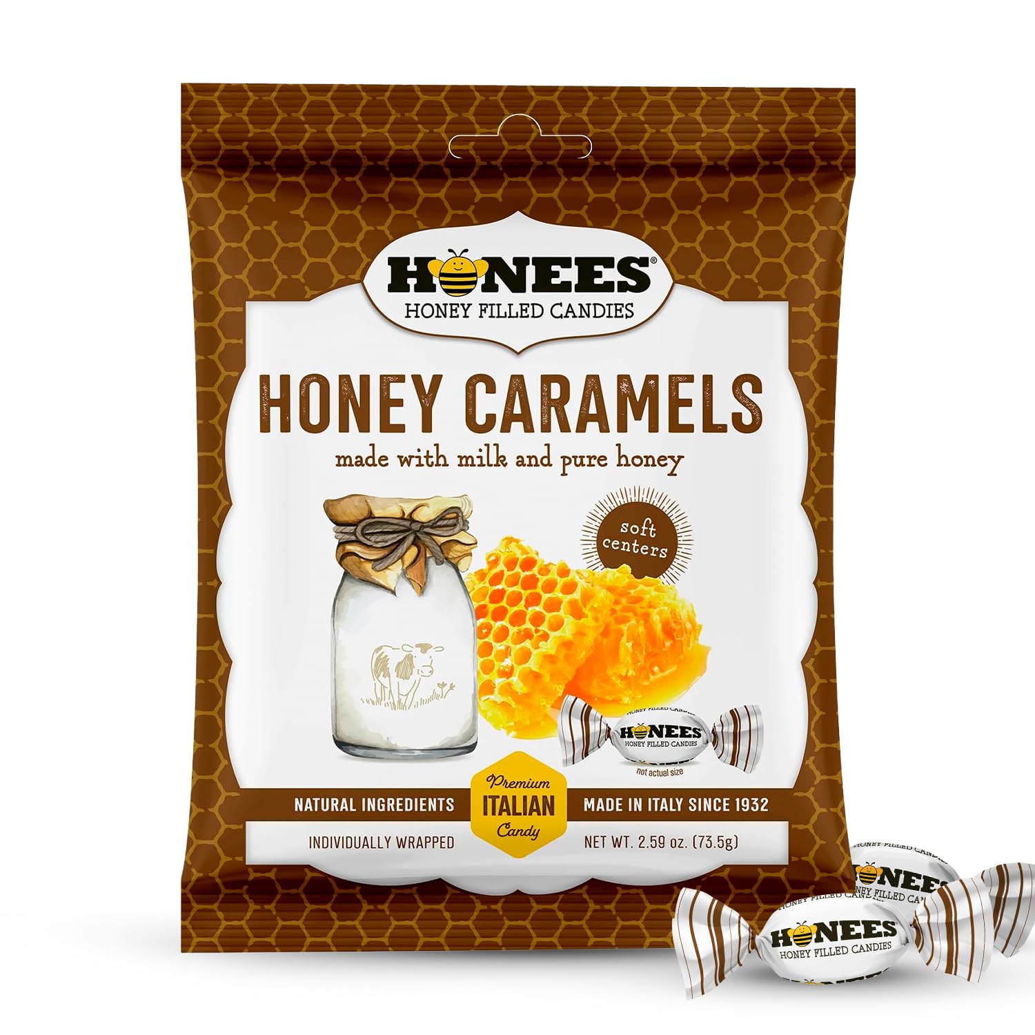 Honees Honey Caramels Hard Candy Individually Wrapped | Natural & Healthy Candy, Italian Made with Milk & Pure Honey, 1 Pack (2.85 oz)