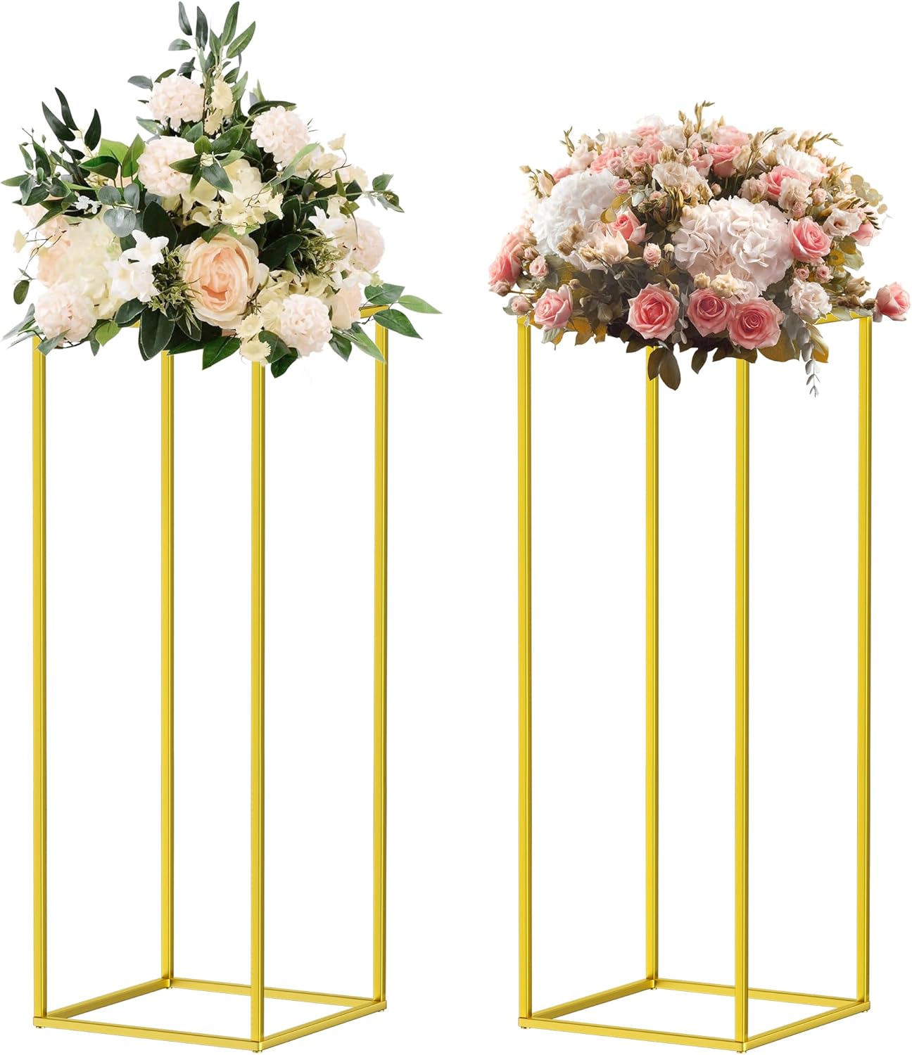 2 Pack 23.6 Inch Gold Column Vases Centerpieces for Table Metal Flower Stands, Wedding Centerpieces and Party Decorations, Rectangular Flower Display Rack 2 23.6