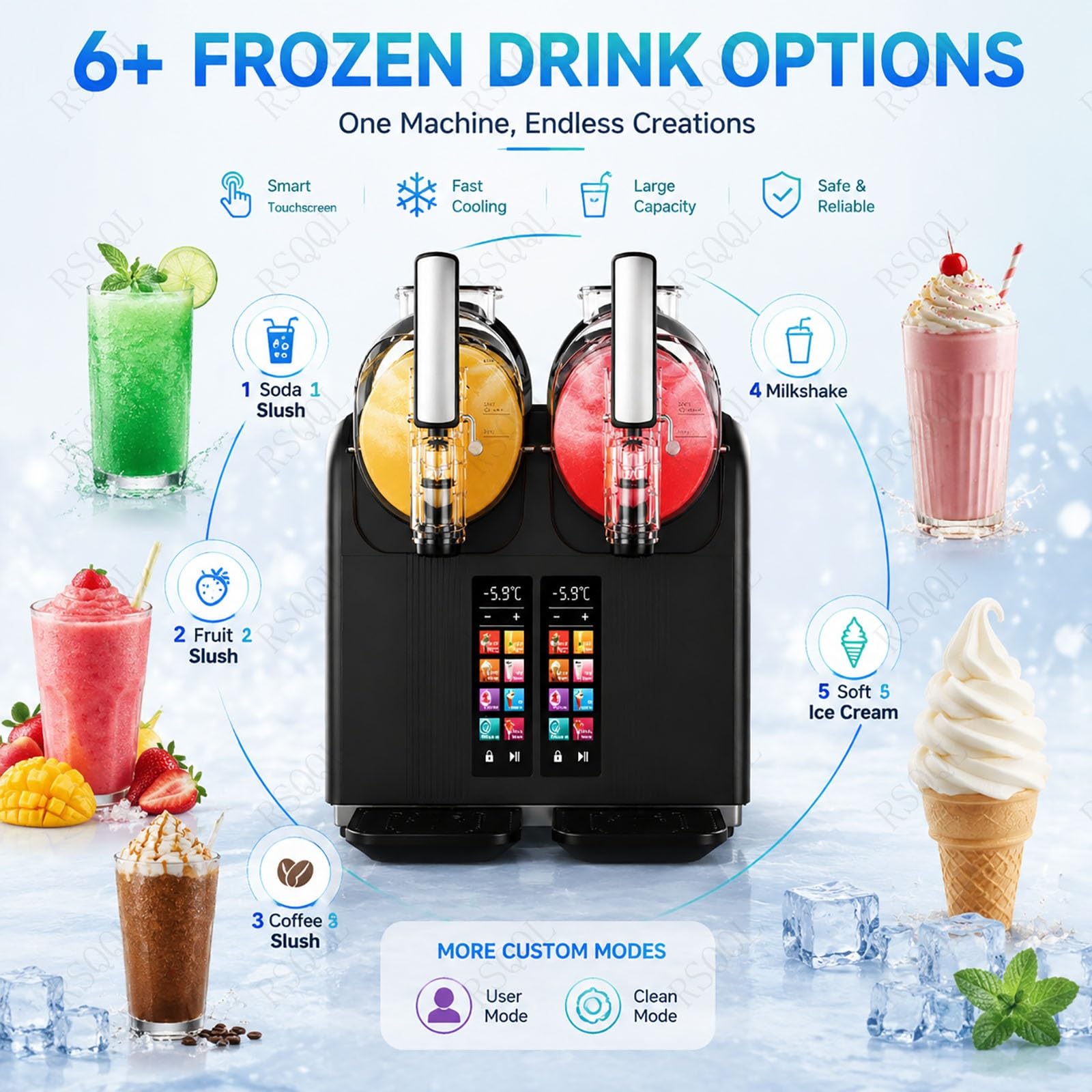 Soft Serve and Slush Machine, 7-in-1 with Dual 2L Hoppers & Touch Screen Display, Makes Smoothies in 18-25 Minuten, Ideal for Home and Commercial Use