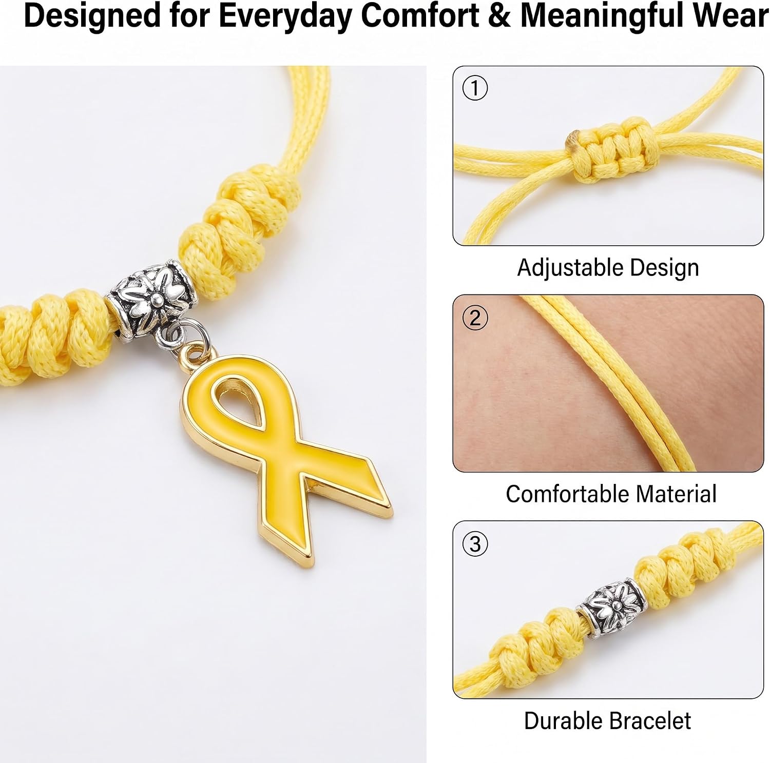 Huquary 12/24/48pcs Yellow Ribbon Childhood Cancer Awareness Bracelet