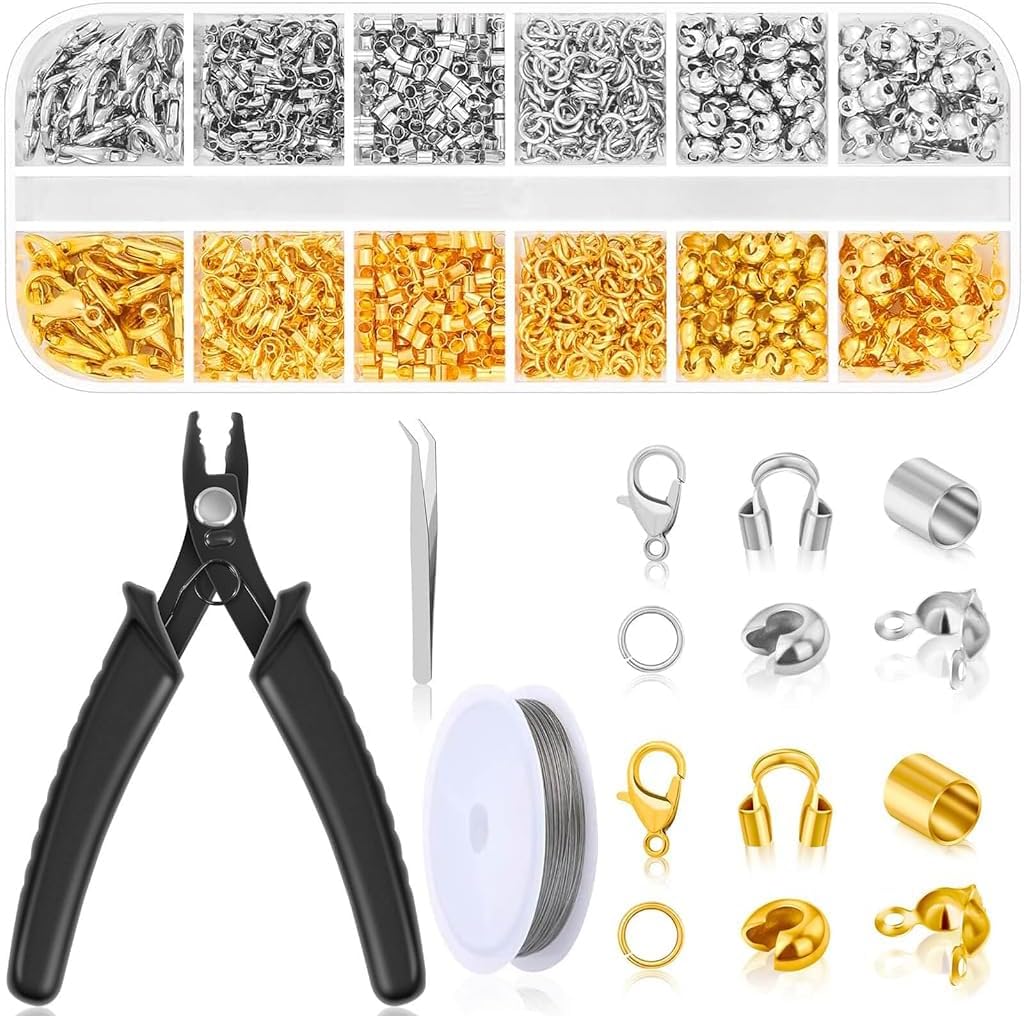SANNIDHI® 1200Pcs Crimp Beads for Jewellery Making Kit, Includes Gold Silver Bracelet Clasps and Closures, Crimp Covers/Tubes/Ends, Jump Rings, Pliers, Tweezer & Beading Wires for DIY Necklace Jewelry