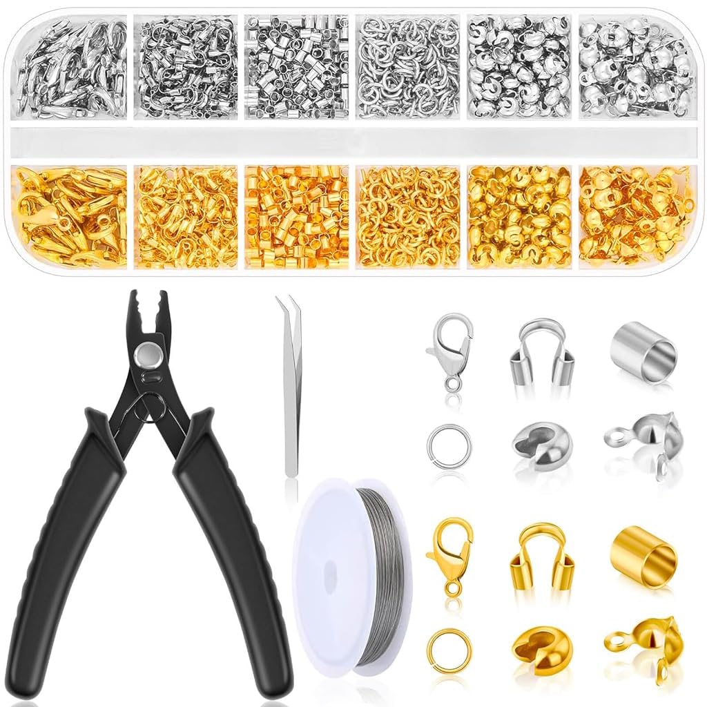 1200Pcs Crimp Beads for Jewellery Making Kit, Includes Gold Silver Bracelet Clasps and Closures, Crimp Covers/Tubes/Ends, Jump Rings, Pliers, Tweezer & Beading Wires for DIY Necklace Jewelry