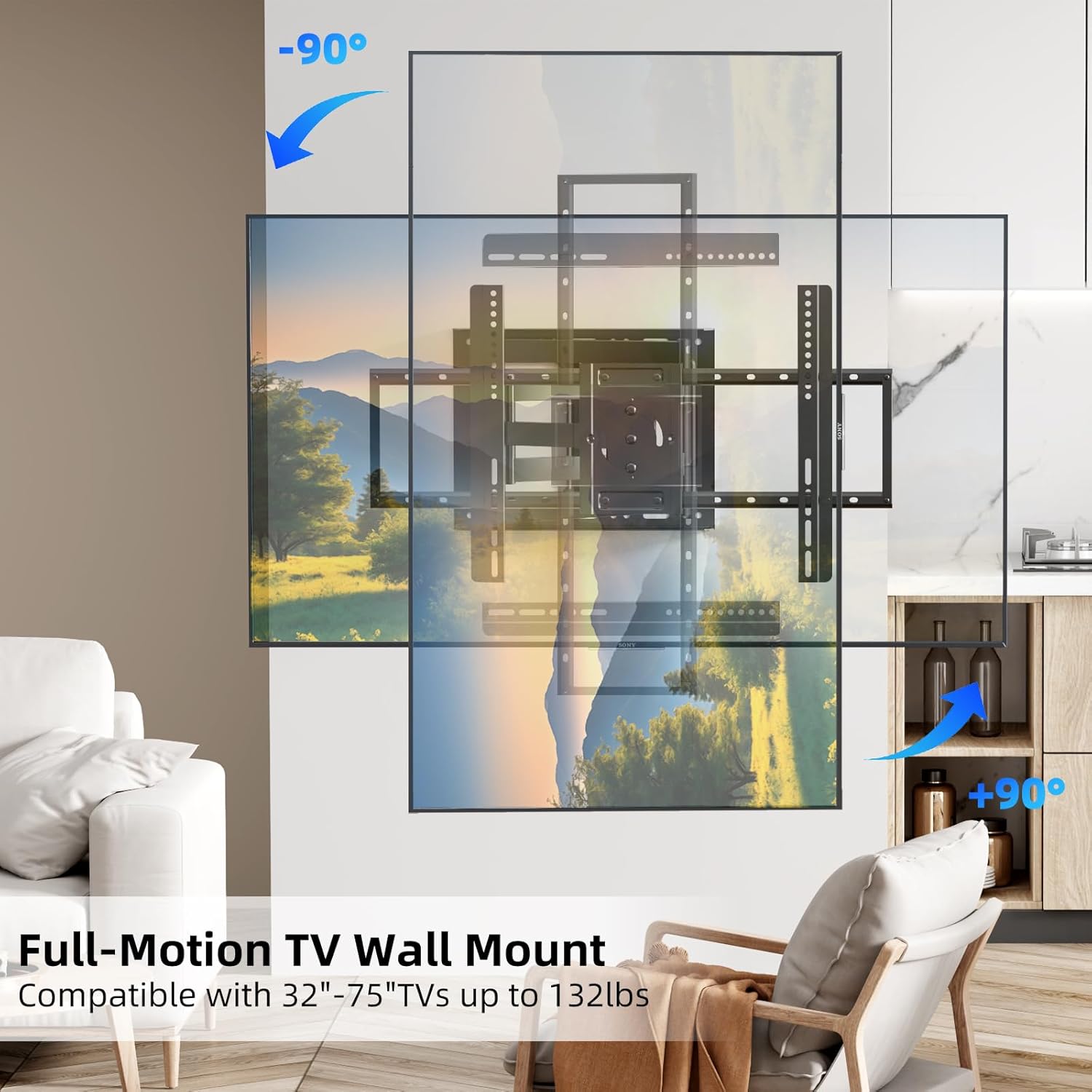 A TV mounted on a wall, showing its ability to rotate 90 degrees from horizontal to vertical orientation.