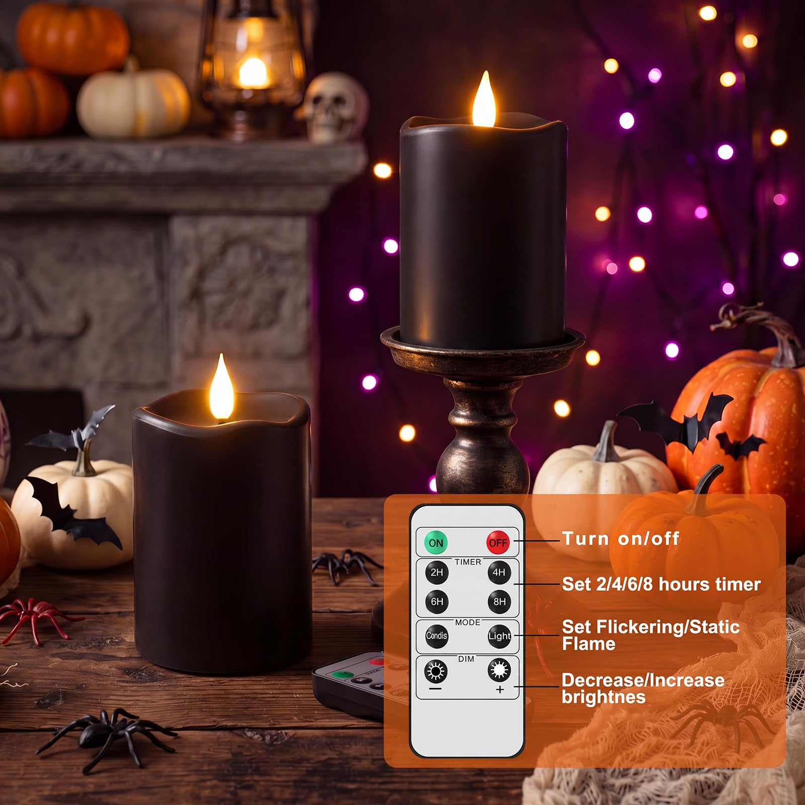 Retisee 3 candele LED da 10,2 cm con timer e telecomando tremolanti, in vera cera, funzionamento a batteria, per decorare la casa (nero, 2 pezzi)