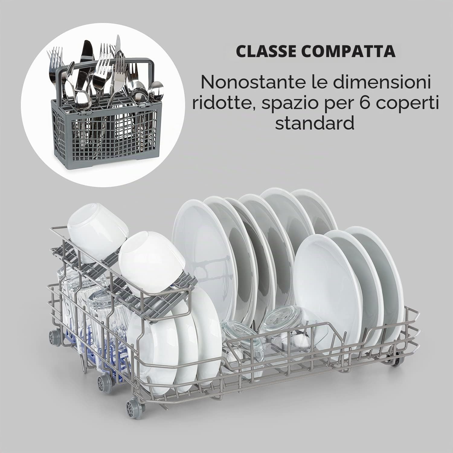 KLARSTEIN Lagoona - Mini Lavastoviglie a Posizionamento Libero, Classe F, Potenza: 1380 Watt, 6 Coperti, Consumo Idrico: 6,5 L, 7 Programmi + Asciugatura Extra, 49 dB, Pannello Touch Nero, Bianco