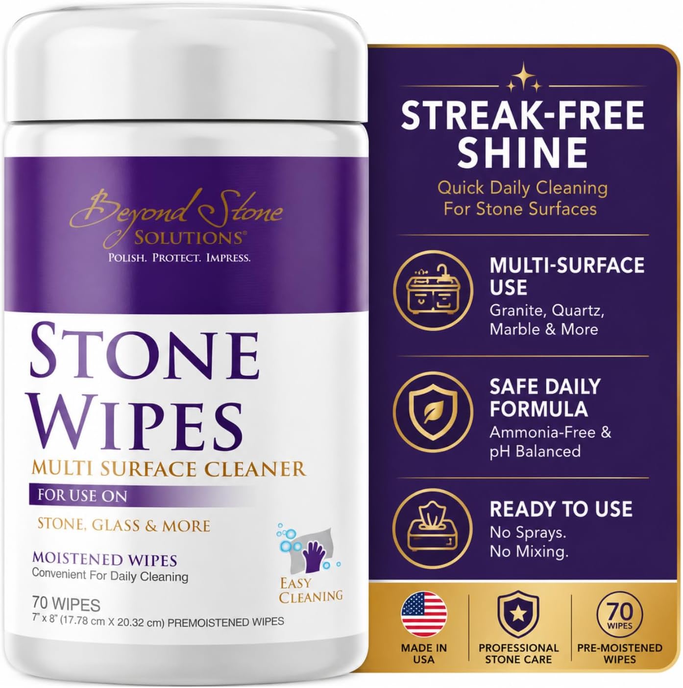Granite Wipes for Streak-Free Shine & Easy Daily Cleaning, Multi Surface Cleaning Wipes That Protect The Beauty of Stone Countertops, Quartz, Marble, Glass & Stainless Steel, 70 Count