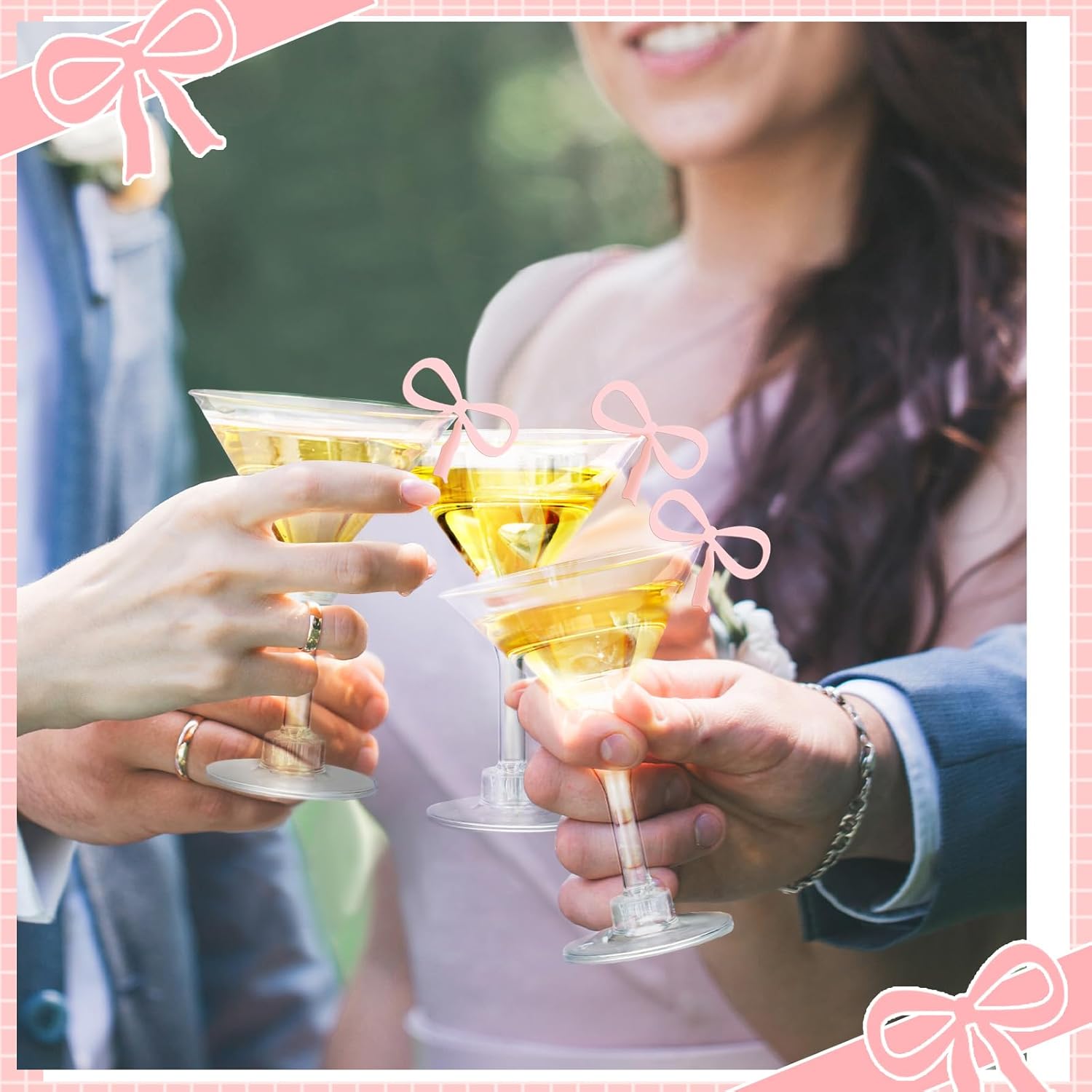 48 Pcs Party Plastic Martini Glasses Disposable with Pink Bow Drink Tag 5 oz Clear Martini Cocktail Glasses Bulk for Fall Halloween Party Wedding Birthday Wine, Desserts, Appetizers
