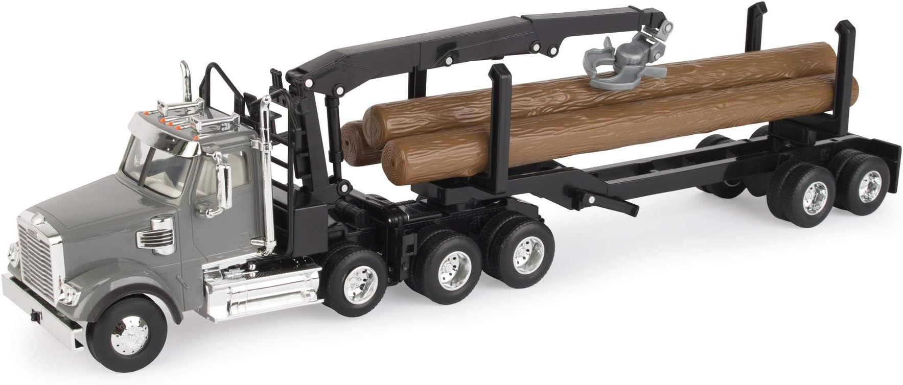 TOMY Freightliner 122SD Logging Truck Toy - 1:32 Scale - Includes Toy Truck, Trailer, and 3 Logs - Construction Truck Toys - Ages 3 Years and Up