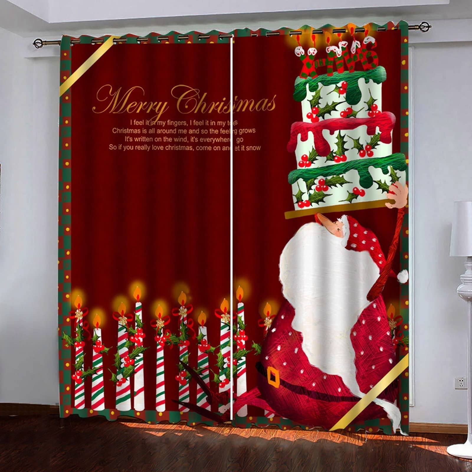 Tenda Occhielli Candele di Babbo Natale con Torta, Tenda X Finestra per Cameretta Bambini, 214x274CM