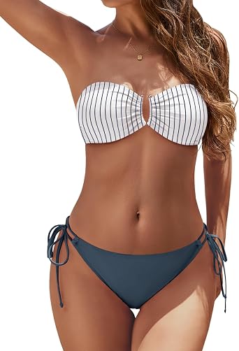 YACUN Women Strapless Bandeau 2 Piece U-Wire Cheeky Bikini Set | Crisscross Tie Back, Removable Halter Strap, Tube Top, Sweetheart Neck, Tie Side, Low Waist Swimsuit, Lace Up Bathing Suit