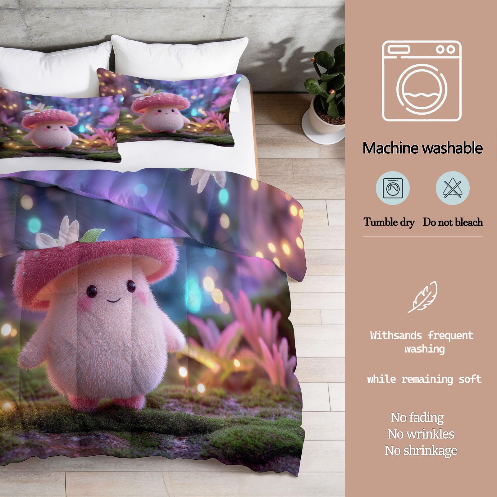 Genérico Kołdra Łóżko 135 x 200 cm, Fantasy Las Grzyby Różowy Nadruk 200g/m² - Dwustronna narzuta bez pokrowca na każdą porę roku, miękkie i oddychające wypełnienie