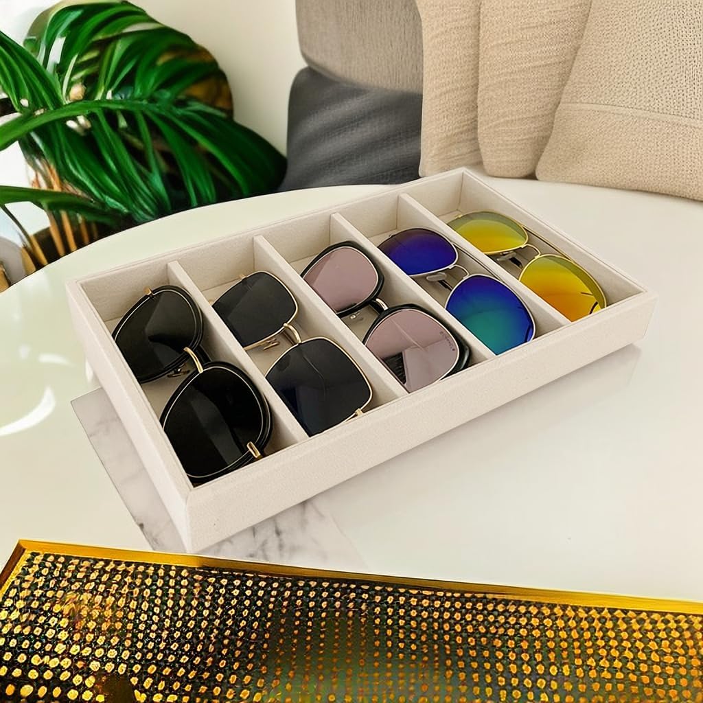 Luxurious 5 Grid Beige Velvet Eyewear Storage Sunglasses Jewelry Tray Organizer Soft Protection Drawer Divider Store Display