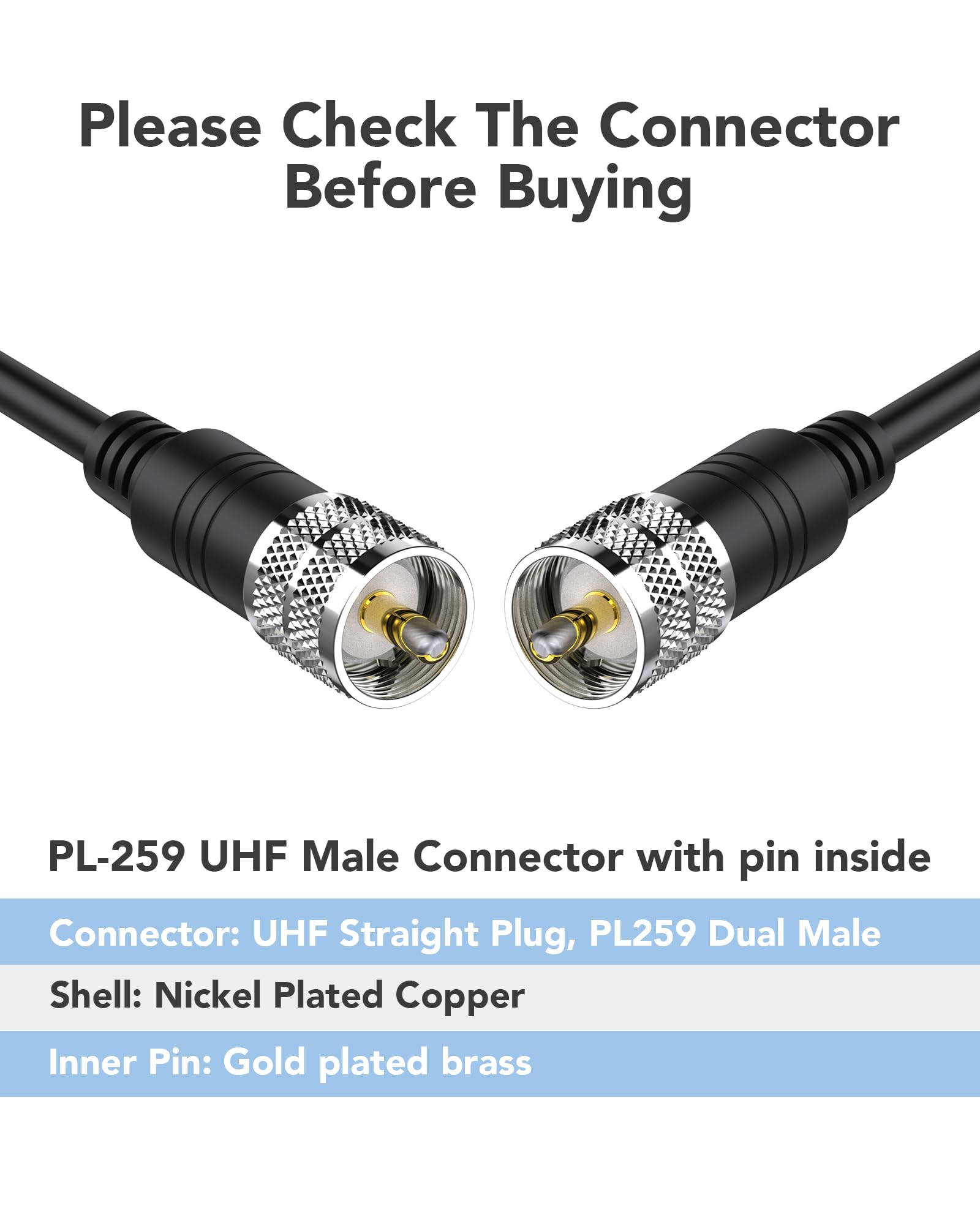 Cable coaxial RG8x de 50 pies, cables de antena CB PL259 UHF macho a macho, extensor de cable coaxial de 50 ohmios para radios al aire libre, analizadores de antena, sintonizadores de antena
