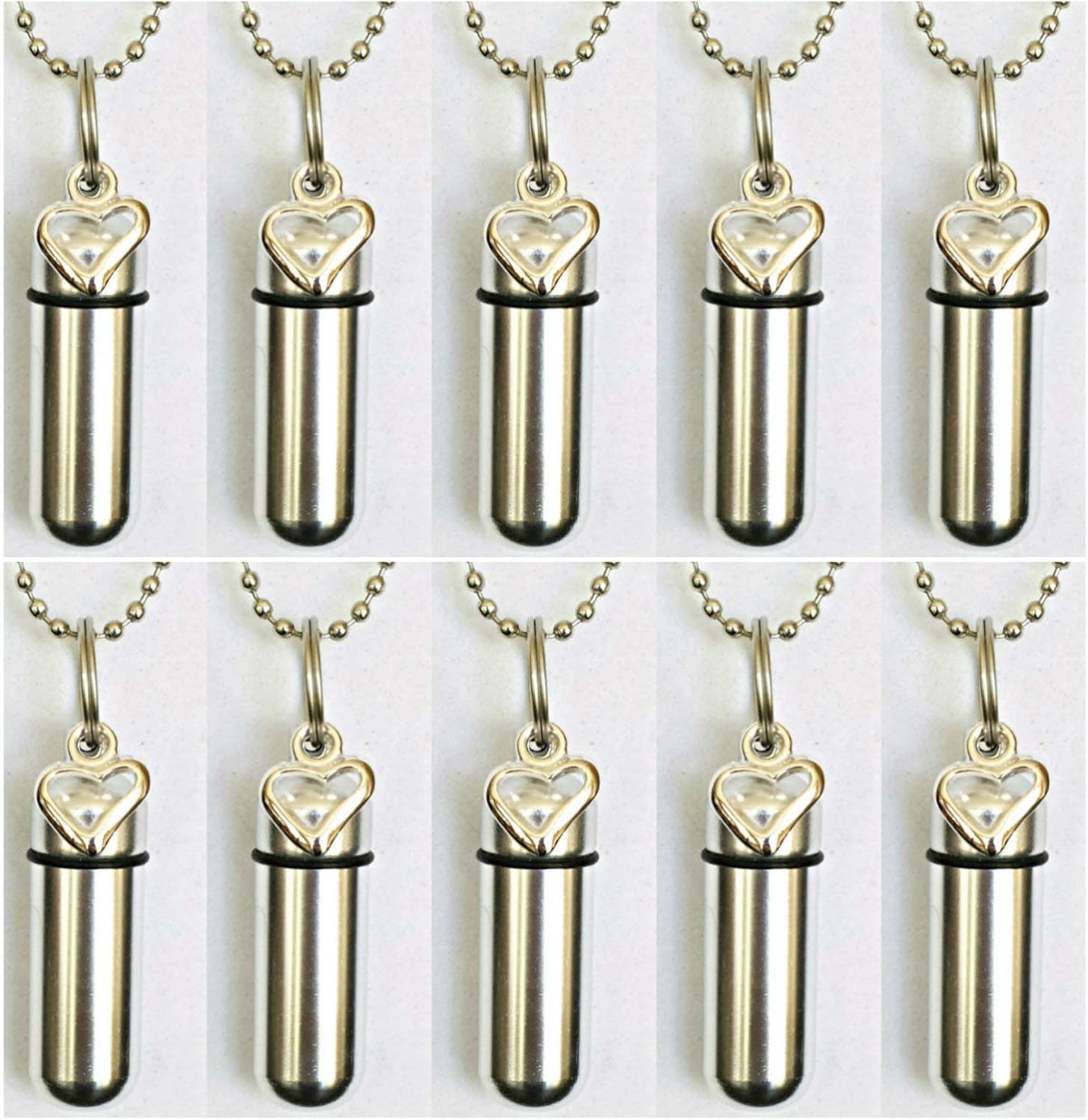 Family Set of TEN Silver OPEN HEART CREMATION URNS - Includes 10 Velvet Pouches, 10 Ball-Chains, Fill Kit - Made in the USA