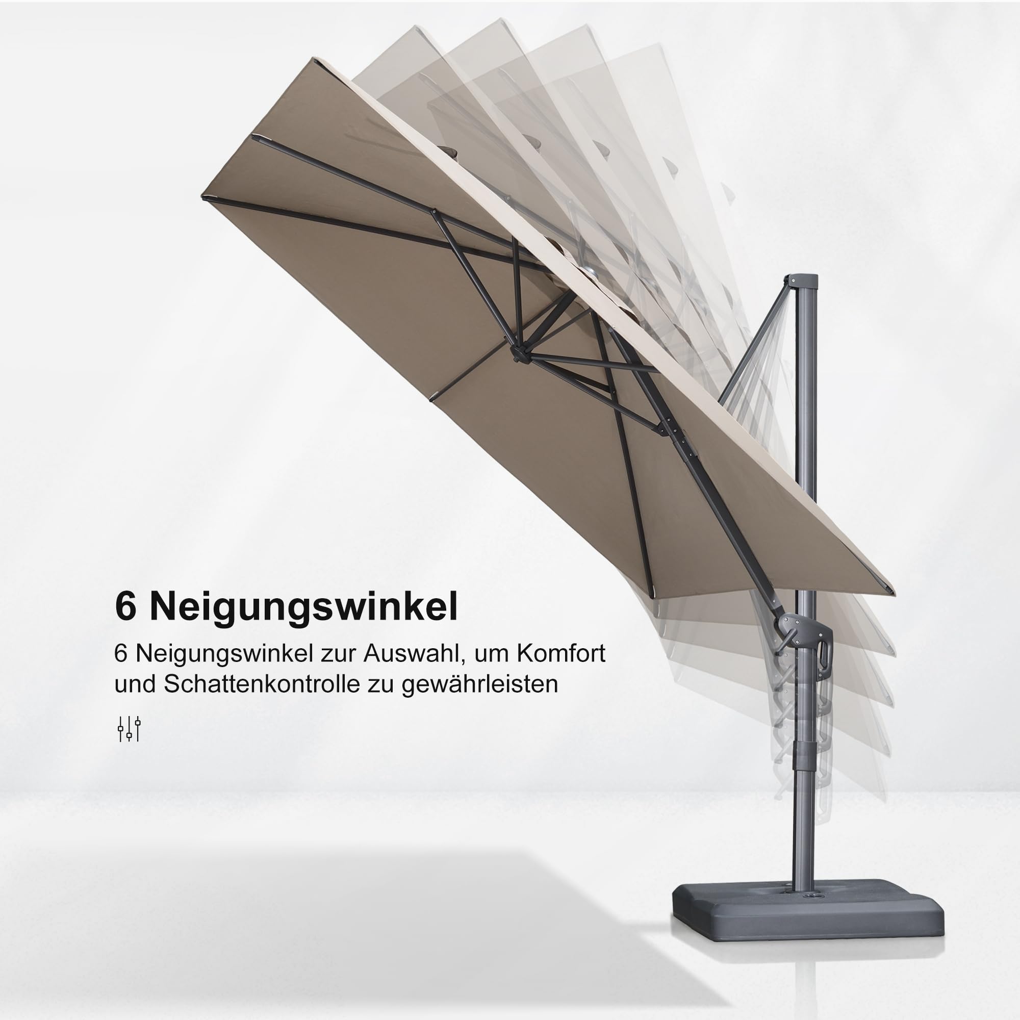 PURPLE LEAF Ampelschirm 300 × 300 cm Alu Acrylimitat UV 50+, Asch Mokka | 360° Drehbar, 6-Fach Neigbar Rundum Schatten, Verstärkter Mast, Leichtgängige Alu-Kurbel, Sonnenschirm Hohe Stabilität Robust