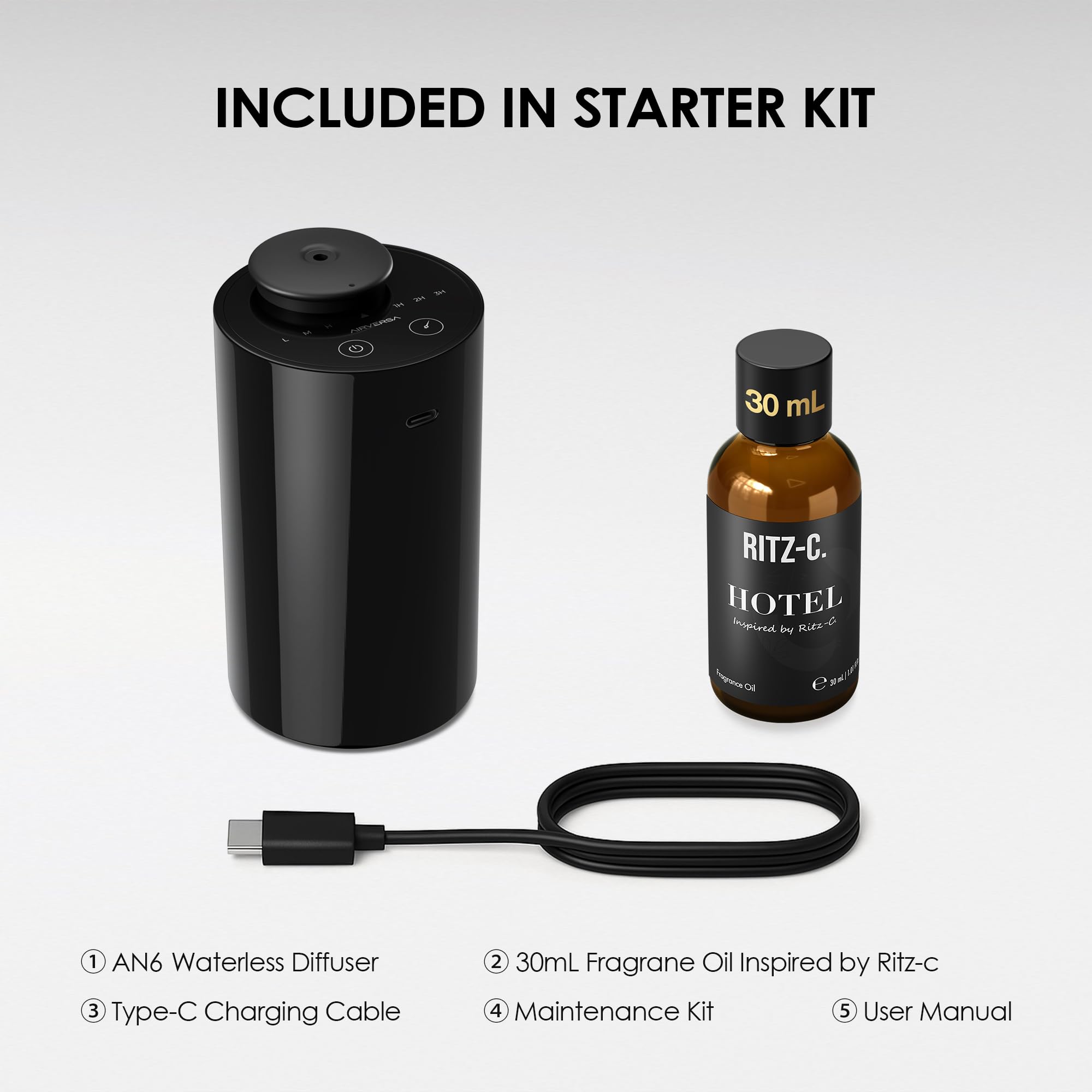 Kit de iniciación de difusor de aceite esencial sin agua con aceite de fragancia de hotel de 30 ml inspirado en Ritz Carlton, mini máquina de aire aromática, funciona con pilas, difusor portátil para