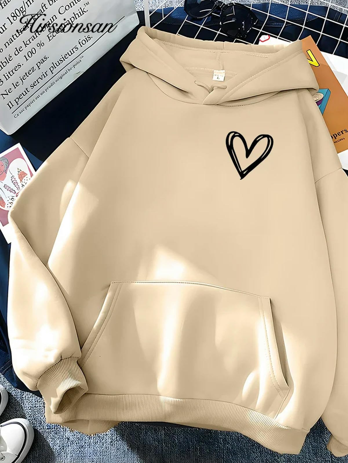 bluzy z kapturem proste serce nadruk damska bluza miękka na co dzień luźna damska bluza z kapturem zimowe ciepłe topy studenckie-czarne-L