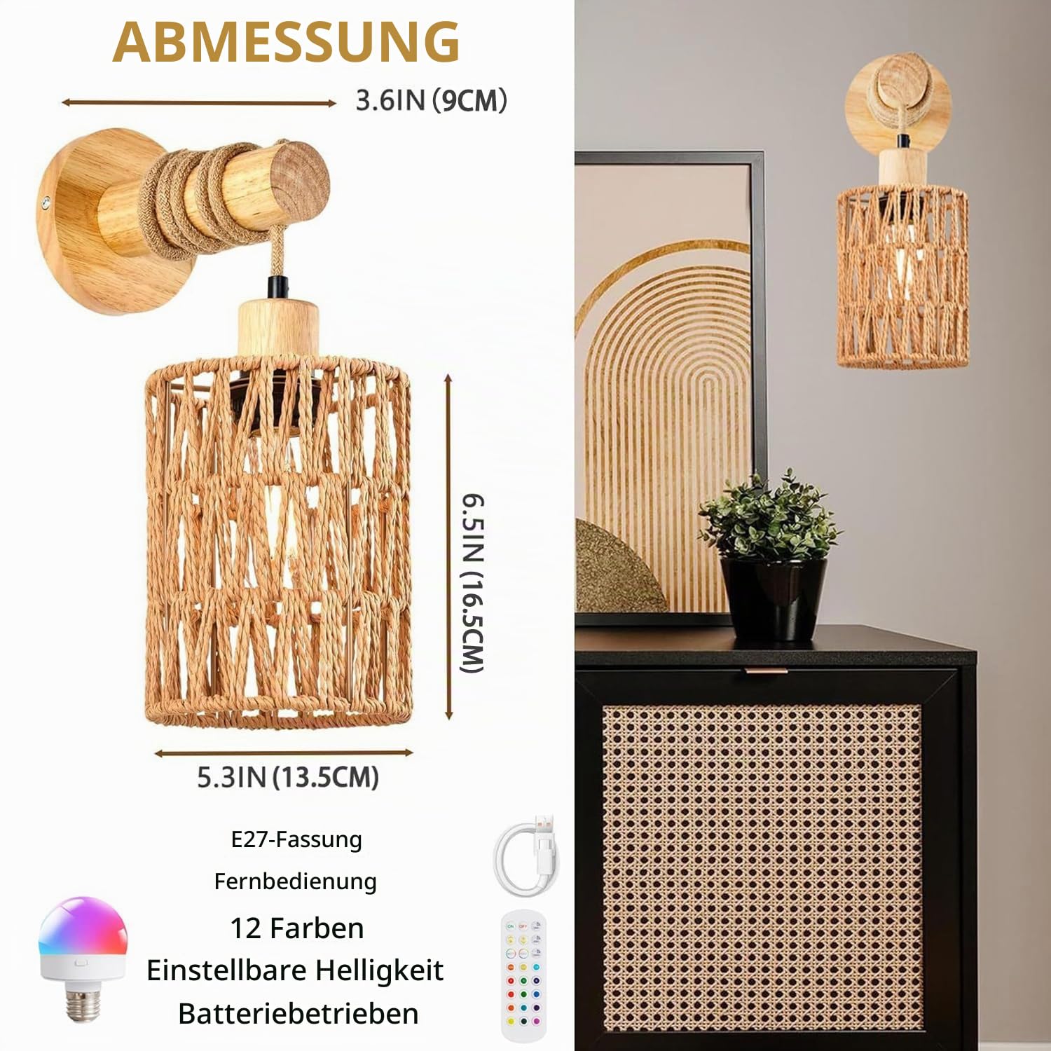 2 Stück Innen Wandleuchte mit Fernbedienung Akku Glühbirne Holz Vintage Wandlampe RGB Dimmable Nachttischlampe E27 Retro Bambus Laterne Rustikal Wandlampe für Wohnzimmer Schlafzimmer Treppen Flur