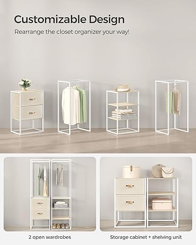 Miniatura 5 de SONGMICS Armario portátil, resistente para ropa, hierro y madera, armario portátil, con 1 barra extensible para colgar, 2 cajones y 4 estantes,