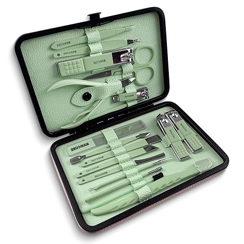 Queenme Juego de manicura profesional de pedicura, kit de cortaúñas de 18 piezas, tijeras de uñas de acero inoxidable, herramientas de cuidado para
