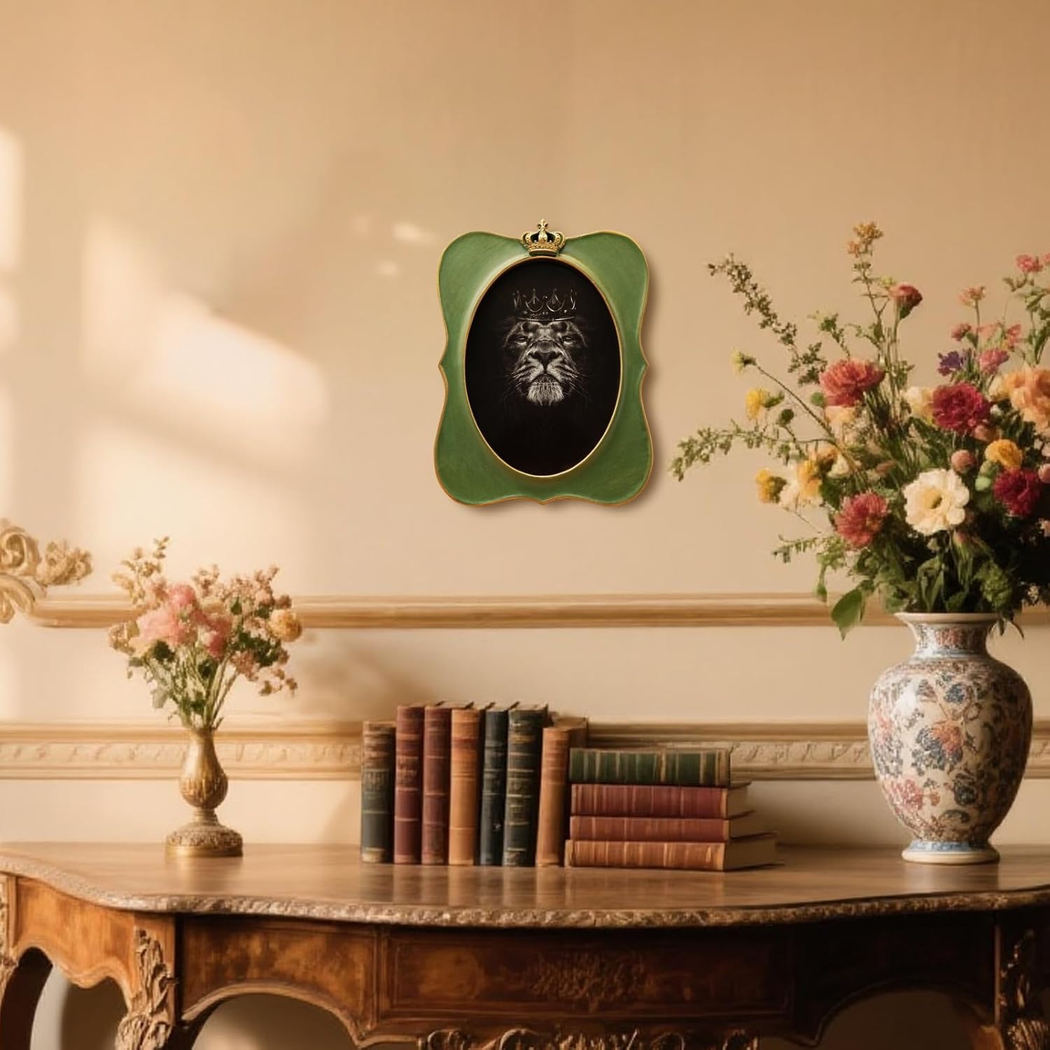 5x7 Vintage Oval Picture Frame, Antique Green Ornate Crown Frame with Glass Front, Distressed Retro Design for Tabletop & Wall Hanging, Home Decor Gift Photo Gallery Art