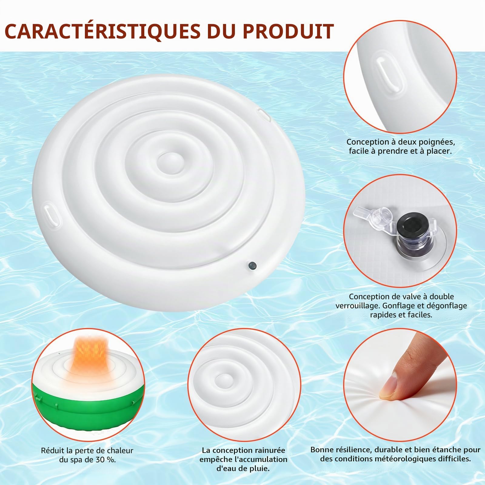 Couverture Spa Gonflable Rond - Bâche Thermique Isolée en PVC, Couvercle Spa Résistant Aux Intempéries pour Maintien De La Chaleur Et Protection, Accessoire Spa 4 à 6 Places