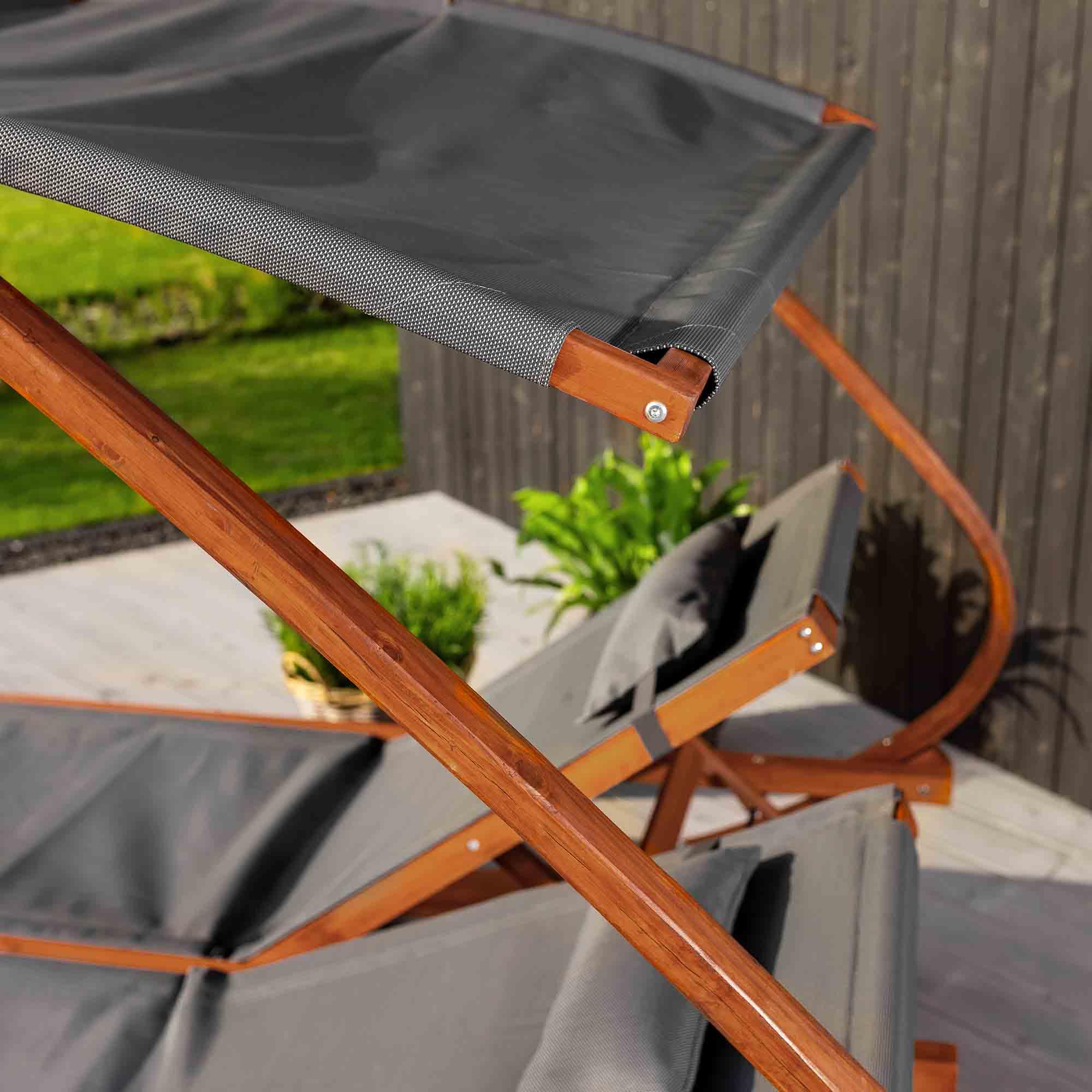di volio Doppelliege aus Lärchenholz mit Dach für 2 Personen Outdoor Pionza | 280 kg belastbar, getrennt verstellbare Rückenlehnen, Sonnendach, Kopfkissen, Teslin-Gewebe, Terrasse, Garten, Pool