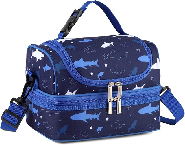 VASCHY Lunch Bag for Kids, Thermal Insulated Lunch Box Bag Double Decker Cooler Bags with Large Compartment and Shoulder Strap for School,Daycare,Kindergarten,Picnic(Blue Shark)