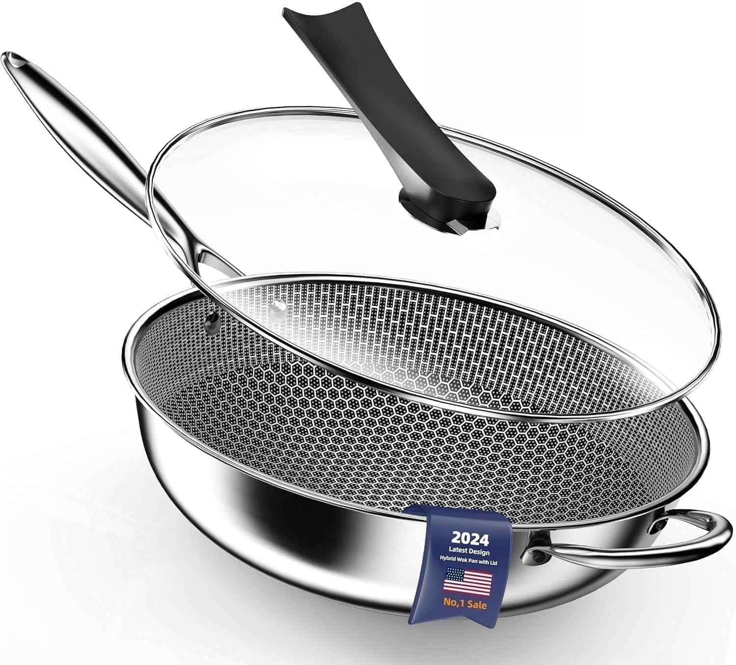 Kiseely Hybrid Wokpfanne mit Deckel 34 cm, Antihaft edelstahl Wokpfanne induktion, Bratpfanne mit Antihaftbeschichtung, Induktionfest pfanne, BPA/PFOA-frei wok (RD1)