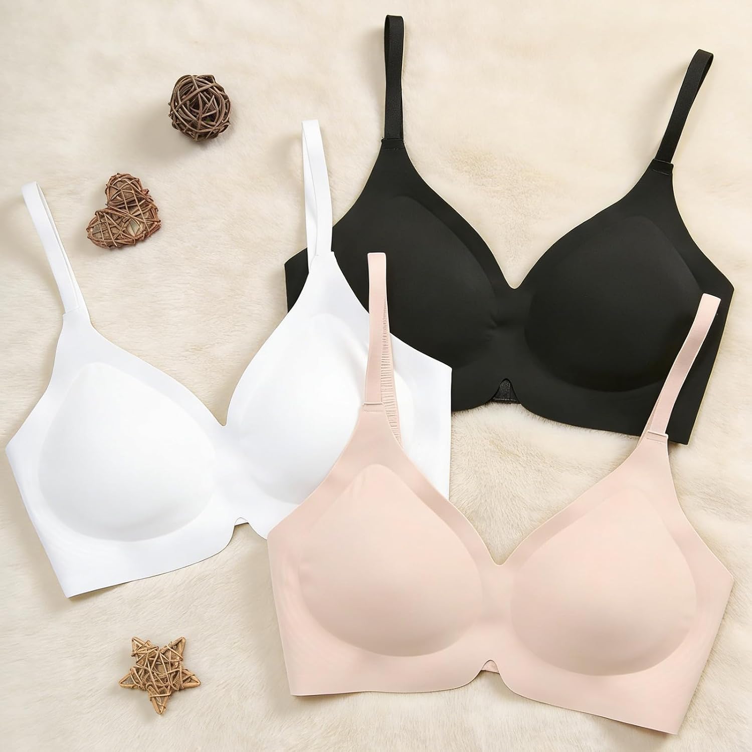 3 Pack Bra for Women No Underwire Seamless Full Coverage V-Neck Bralette with Adjustable Straps Removable Padding