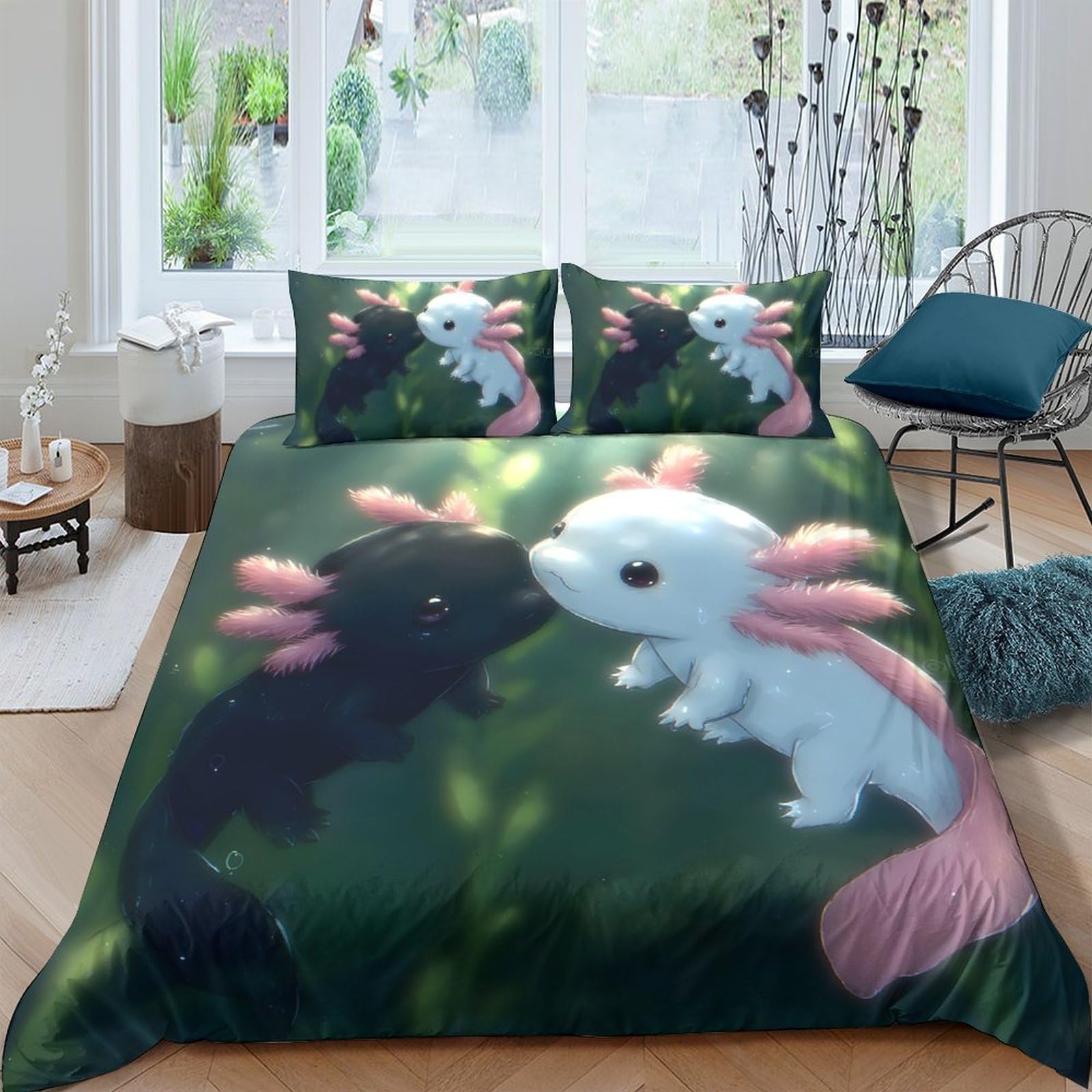 Ctjqhvkz Style-5 3D Printed Cute Axolotl Fitted Sheet Microfiber Soft Bedroom Decor Black White Cartoon Mattress Cover Single（135X200cm）