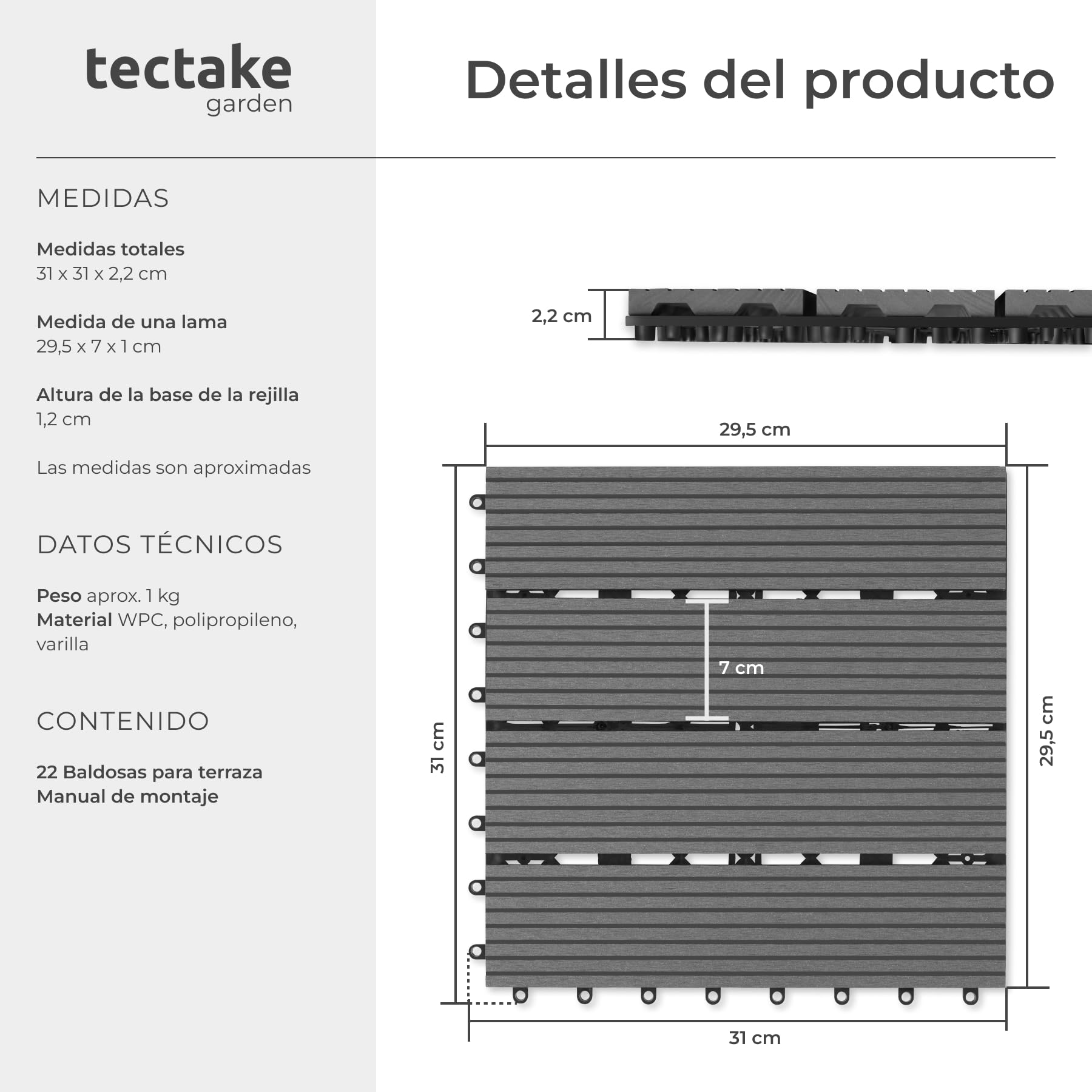 tectake® Set Baldosas Jardín Exterior con 4 Tablones, 31 x 31 cm, Suelo Terraza Exterior Resistente, Suelo para Jardín con Base de Rejilla y Drenaje, área de 1,0571 m2 - Juego de 22 Gris — view 6