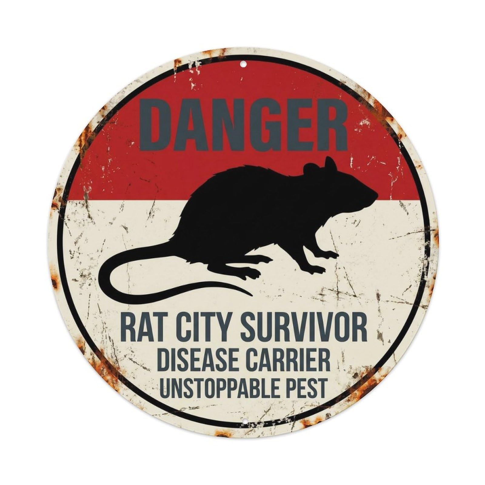 Rat Urban Survivor Heritage Caution Label City Animal Grunge Metal Tin Sign Plaque Wall Decor for Cafe, Man Cave, Club Bar, Office, Home Garden Round Metal Poster 8x8Inch