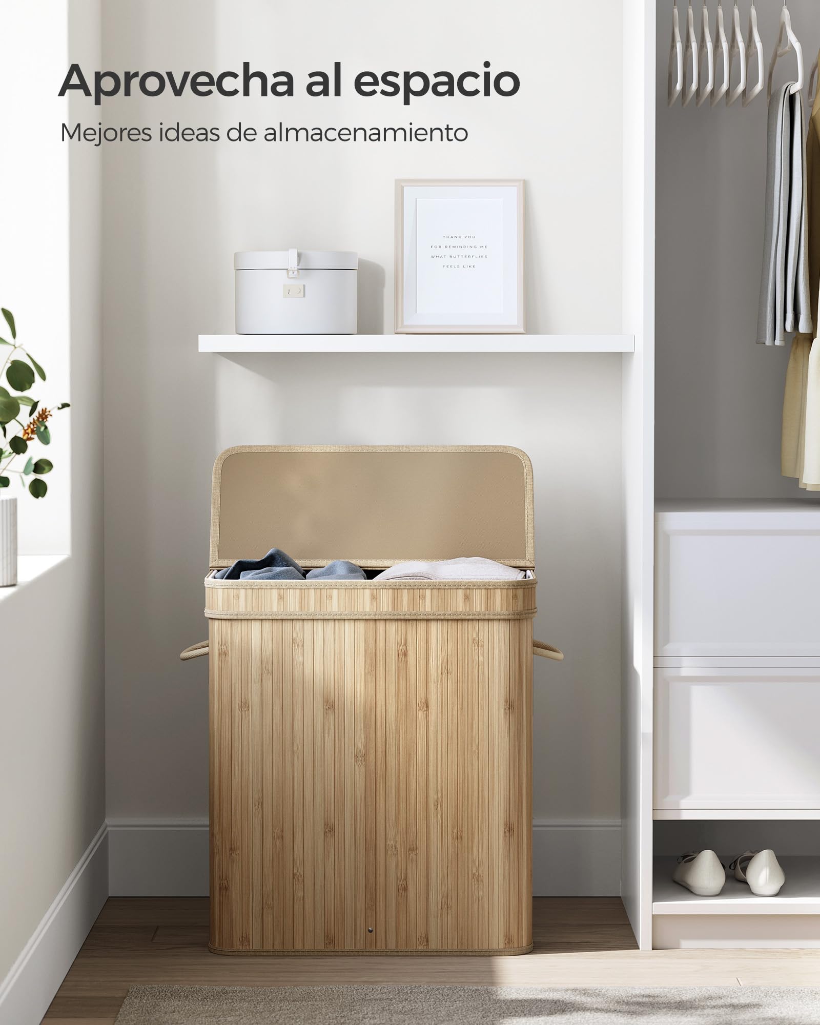 SONGMICS Cesto de lavandería con tapa, 100 L, de bambú, extraíble, lavable a máquina, con asas, para lavandería, dormitorio, baño, color natural LCB063N01