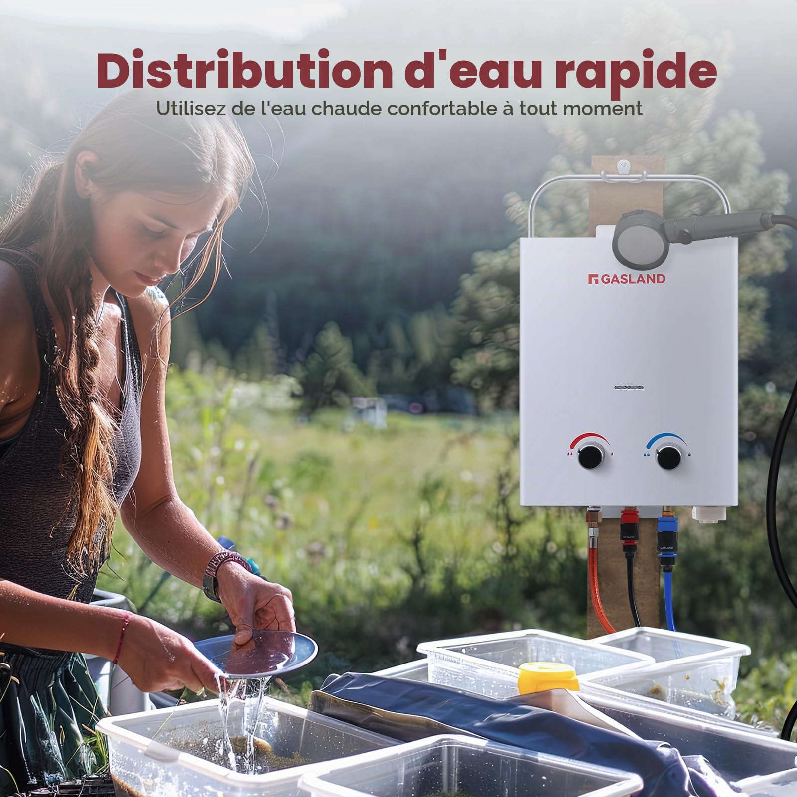 GASLAND AS132 Chauffe-eau à gaz, 5 L/min sans réservoir de gaz propane 30/37 mbar, chaudière instantanée à GPL avec poignée pour camping-car, camping, douche, lavage cheval