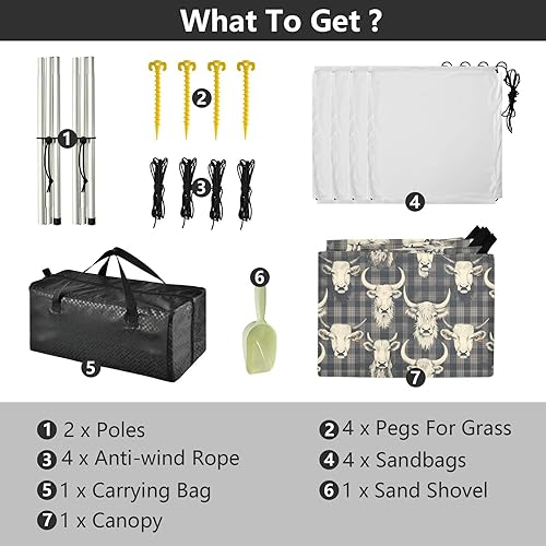 Miniatura 4 de Tienda de campaña y toldo de playa a cuadros gris ceniza UPF50, fácil instalación, refugio solar portátil con sacos de arena y pala para camping,