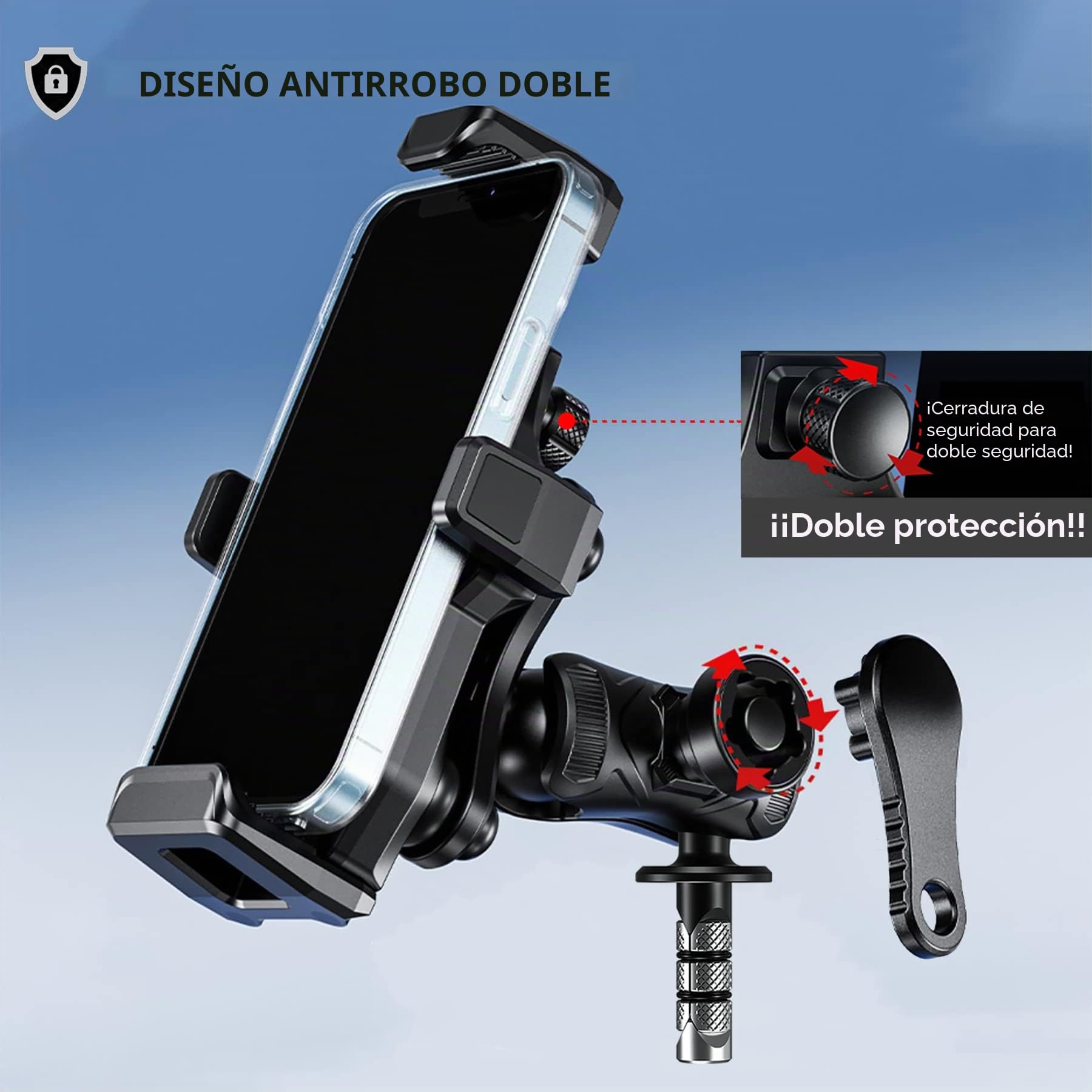 iMESTOU Soporte para Teléfono de Horquilla de Motocicleta, Antivibración de 1 Pulgada con Brazo de Doble Enchufe Antirrobo y Base de Horquilla Adecuado para BMW etc., Apto para Teléfonos de 4,7"-7,2