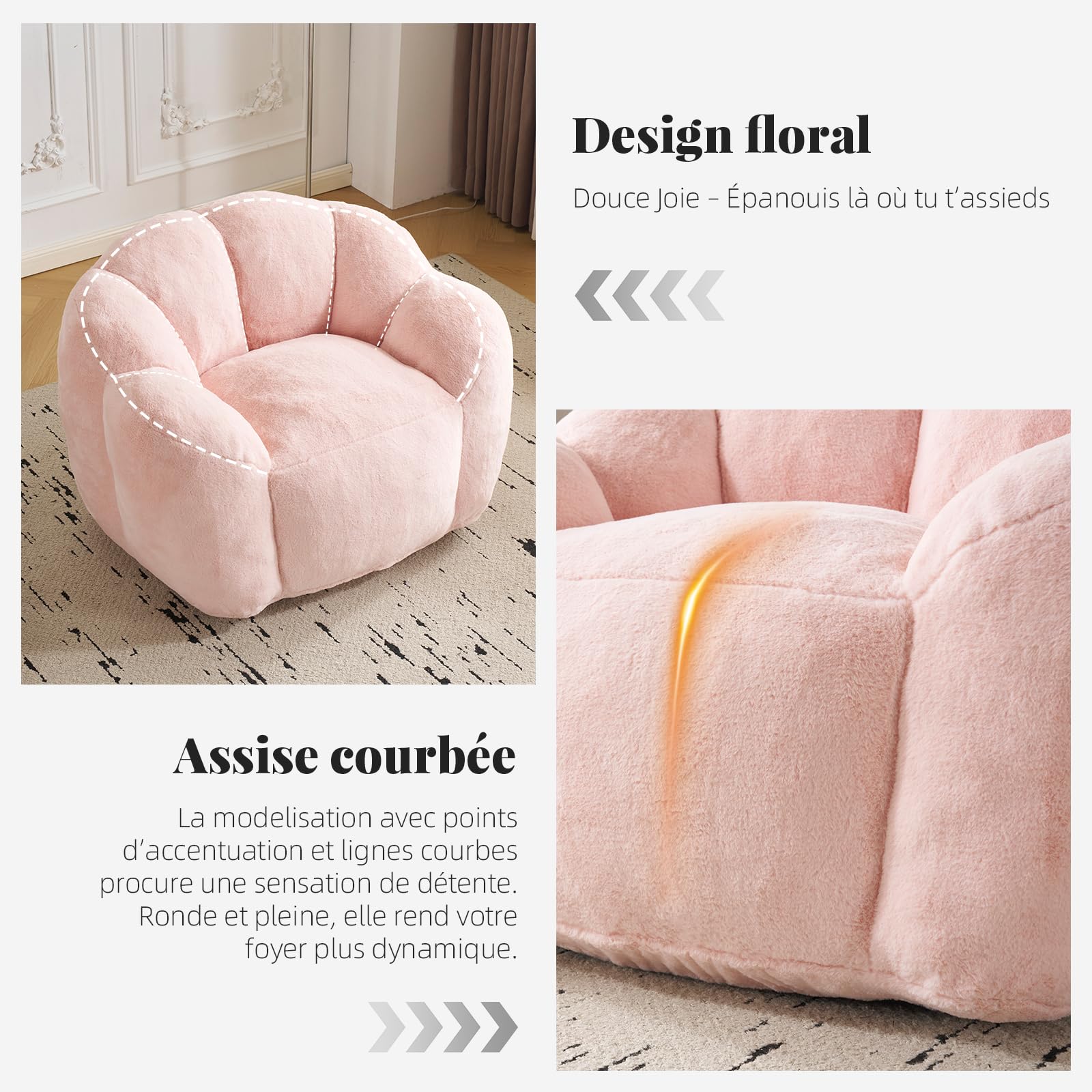 Pouf pour Adulte avec Rembourrage, Pouf en Forme de pétale, Grand Pouf en Fourrure synthétique, Fauteuil de Salon Confortable, Mousse Haute densité, Chambre à Coucher, Salon, Rose