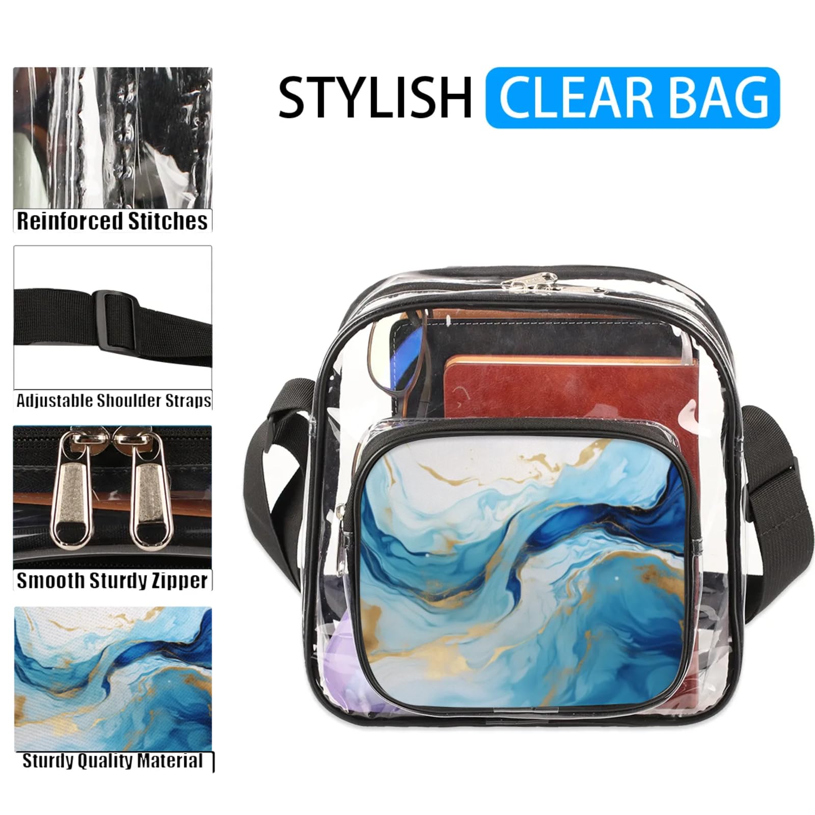 Clear Crossbody Bag Stadium Approved Luxury Blue Transparent Bag for Festivals, Sports Events, Concerts,Beach Bag for Women Men Dynamic Fluid Design Clear Purse with Front Pocket Messenger Bag