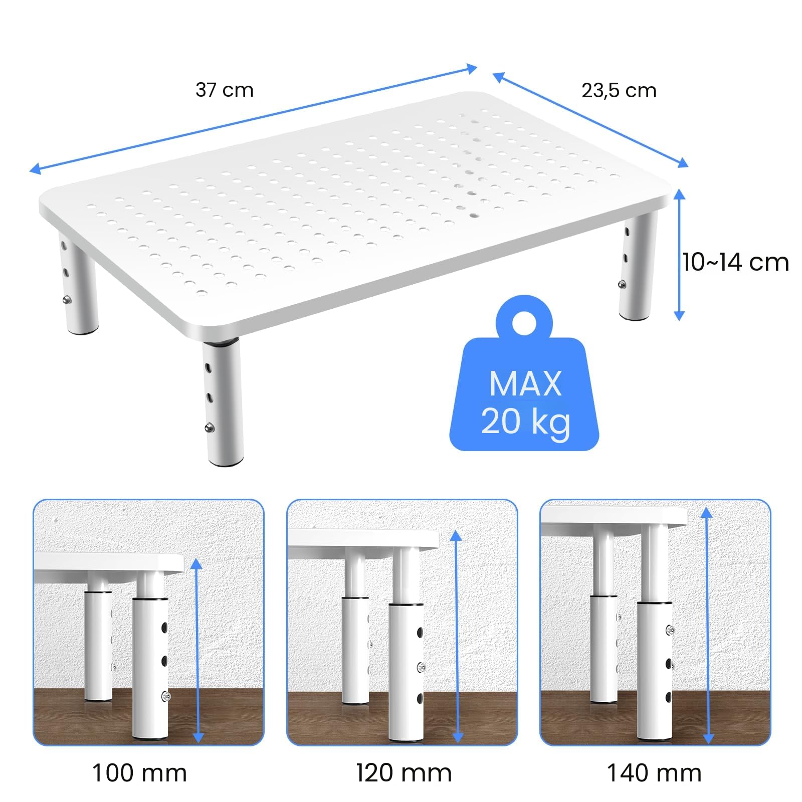 suptek supporto per monitor Rialzo per monitor regolabile in altezza per computer, PC, laptop, stampanti fino a 20 kg Rialzo per monitor in metallo salvaspazio con piattaforma di ventilazione, bianco