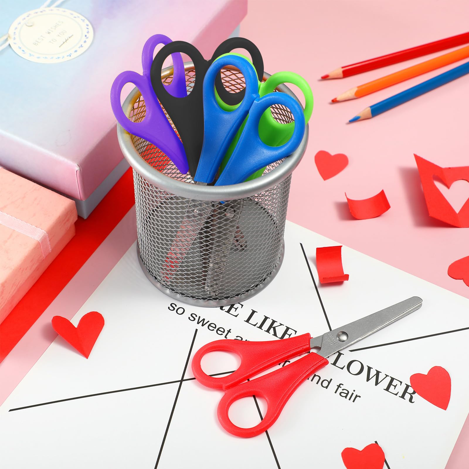 Honoson Schere mit stumpfer Spitze, Sicherheits-Edelstahl-Papier mit komfortablen Griffen, für den Betrieb, Schule, Klasse, Bürobedarf (Blau, Rot, Grün, Schwarz, Violett, 100 Stück)